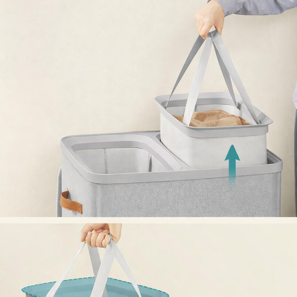 SONGMICS Cos rufe cu 2 compartimente si capac, saci detasabili cu maner, 170 litri, 56x40x75 cm, gri