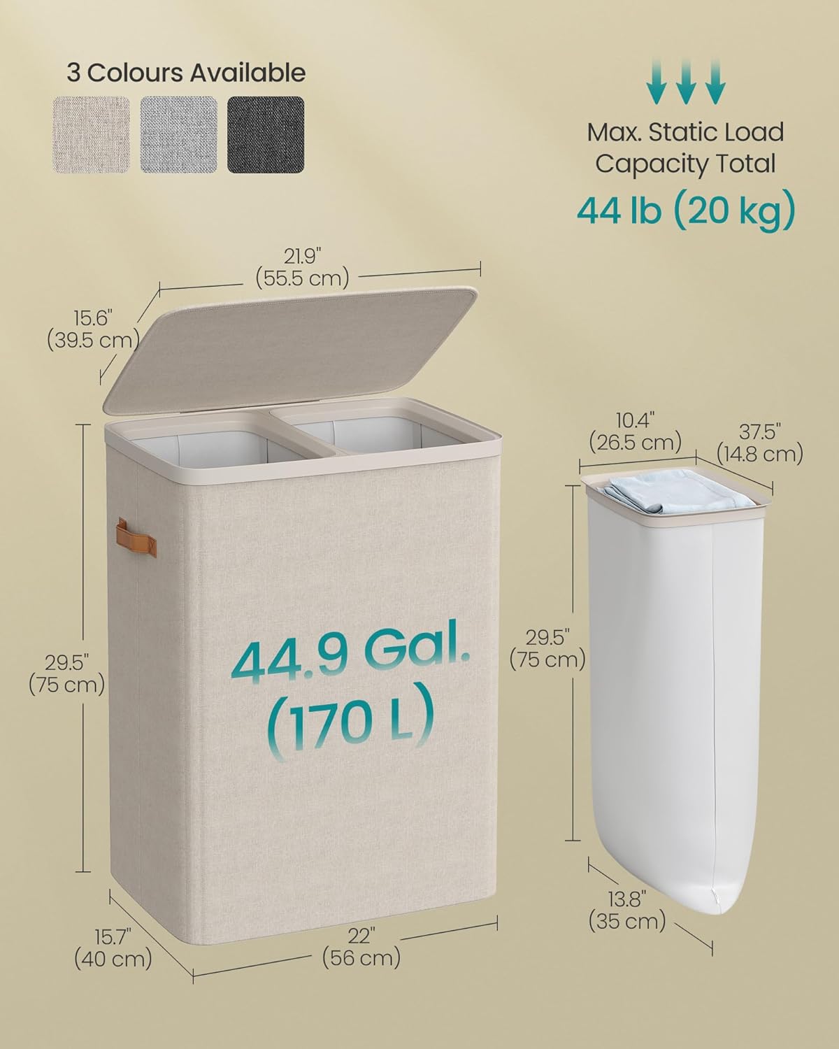 SONGMICS Cos rufe cu 2 compartimente si capac, saci detasabili cu maner, 170 litri, 56x40x75 cm, bej