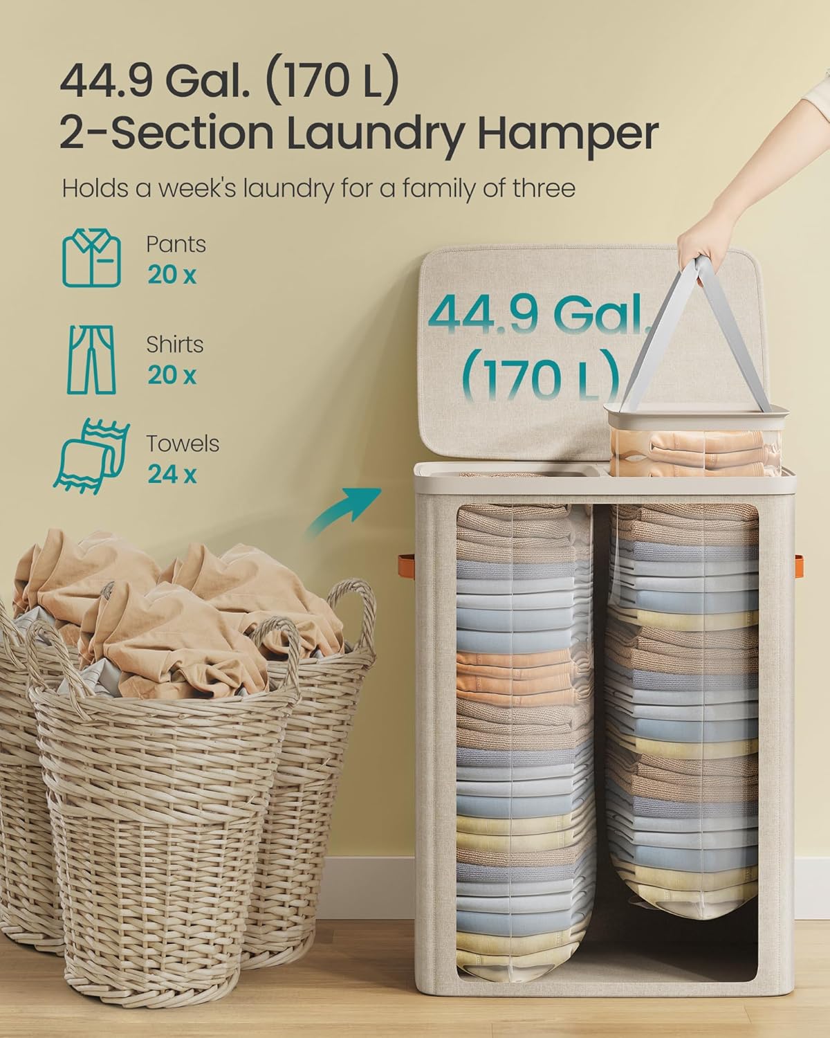 SONGMICS Cos rufe cu 2 compartimente si capac, saci detasabili cu maner, 170 litri, 56x40x75 cm, bej