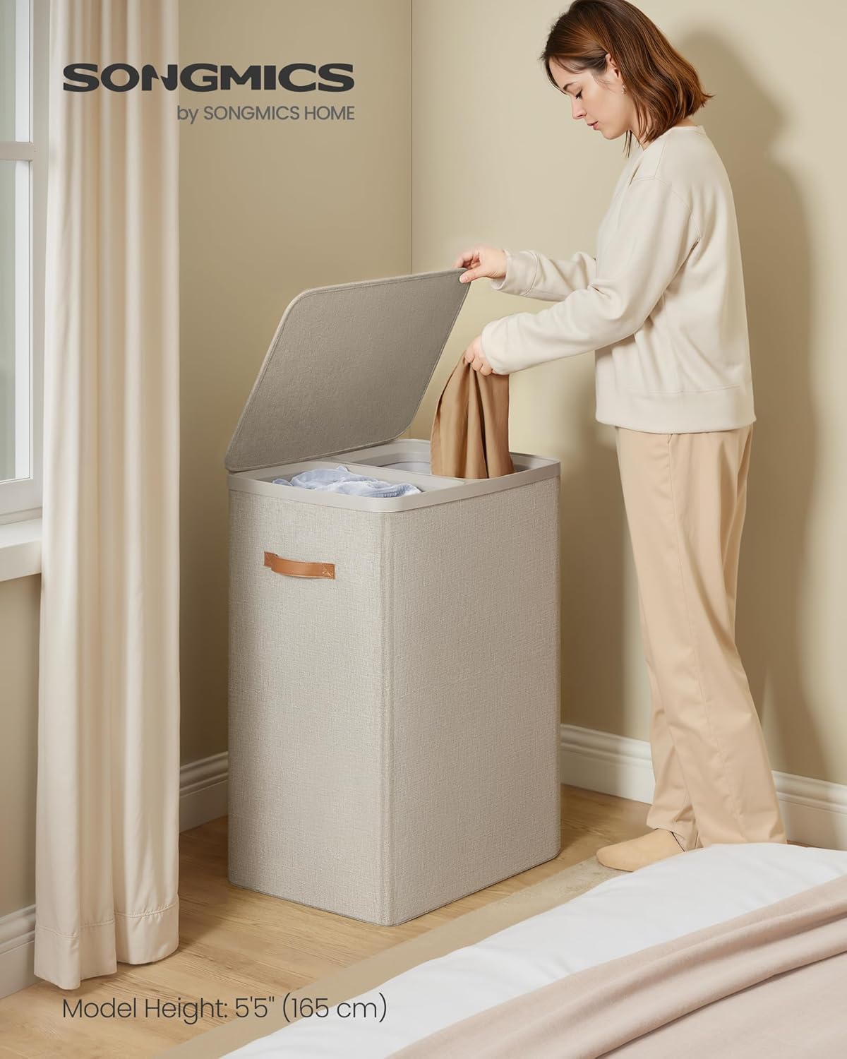 SONGMICS Cos rufe cu 2 compartimente si capac, saci detasabili cu maner, 170 litri, 56x40x75 cm, bej