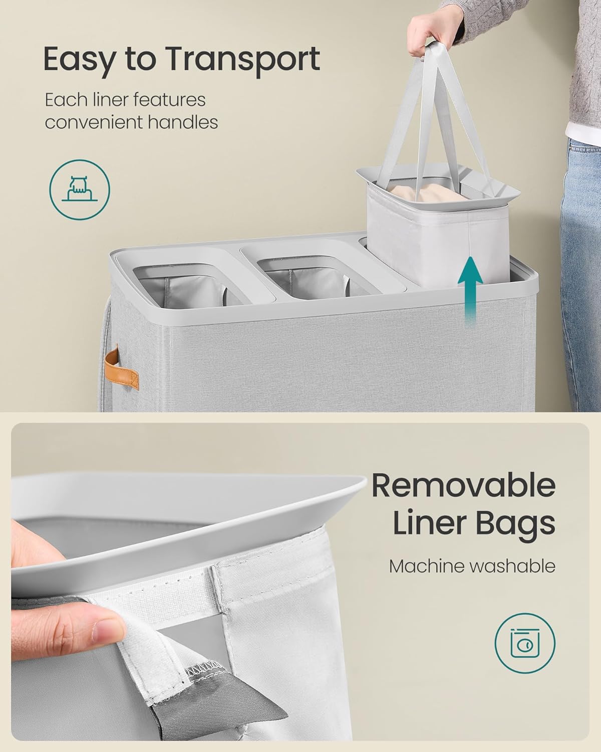 SONGMICS Cos rufe cu 3 compartimente si capac, saci detasabili cu maner, 190 litri, 64x40x75 cm, gri