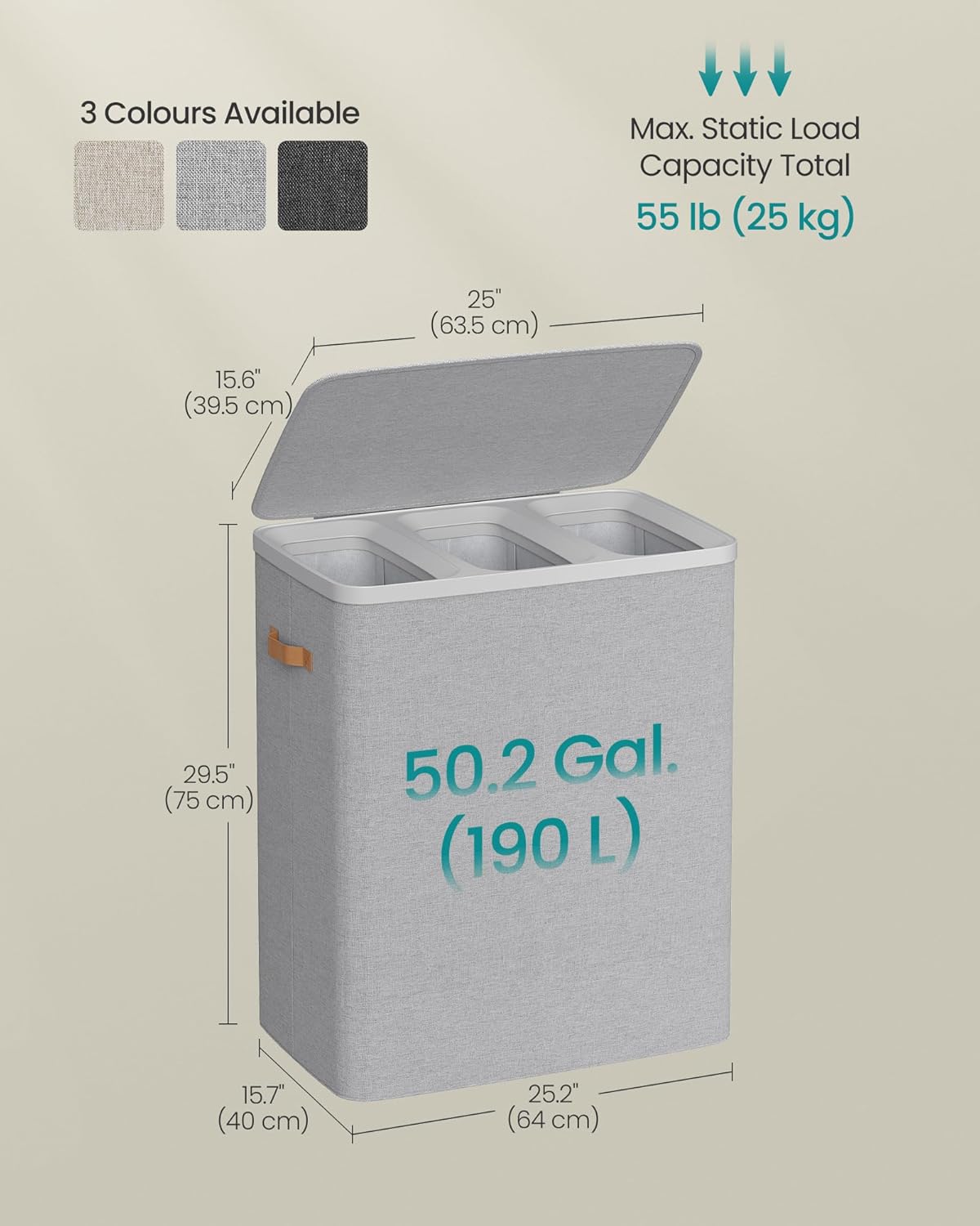 SONGMICS Cos rufe cu 3 compartimente si capac, saci detasabili cu maner, 190 litri, 64x40x75 cm, gri