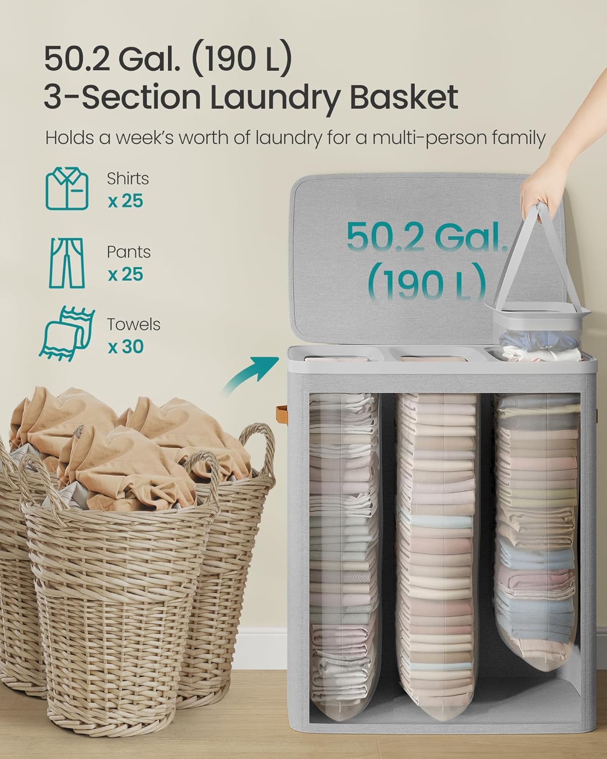 SONGMICS Cos rufe cu 3 compartimente si capac, saci detasabili cu maner, 190 litri, 64x40x75 cm, gri