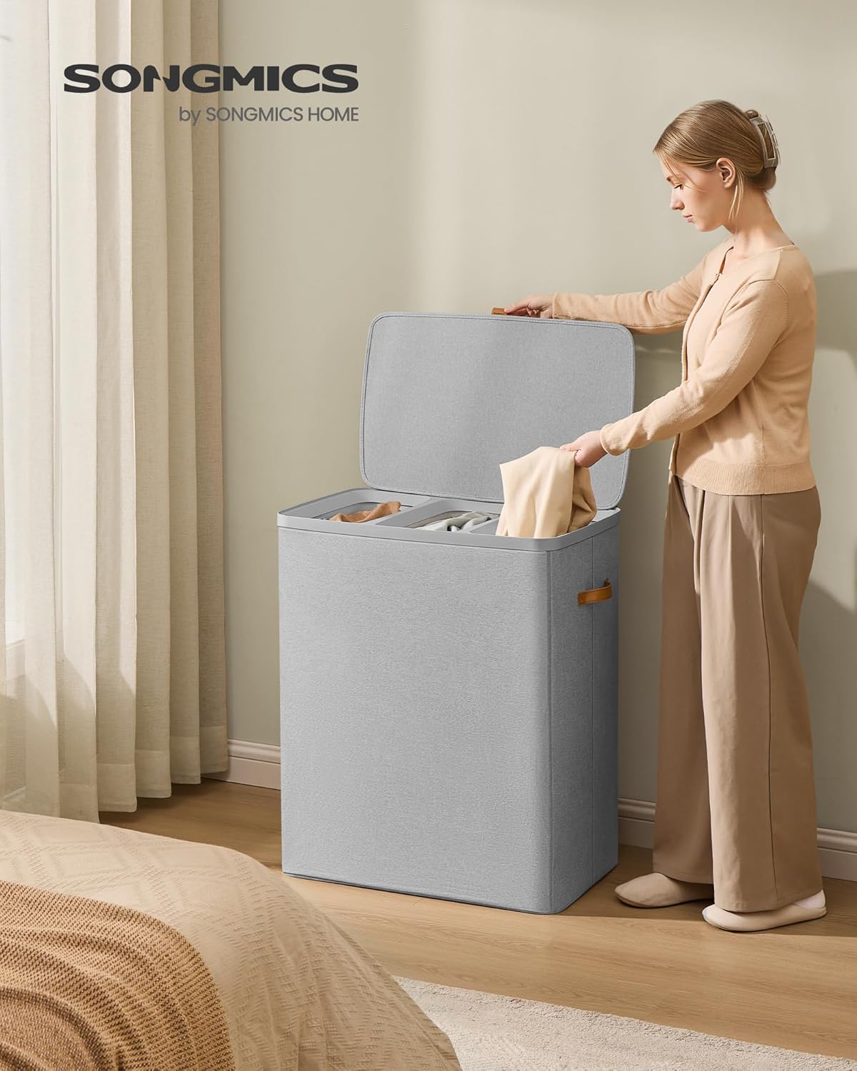 SONGMICS Cos rufe cu 3 compartimente si capac, saci detasabili cu maner, 190 litri, 64x40x75 cm, gri