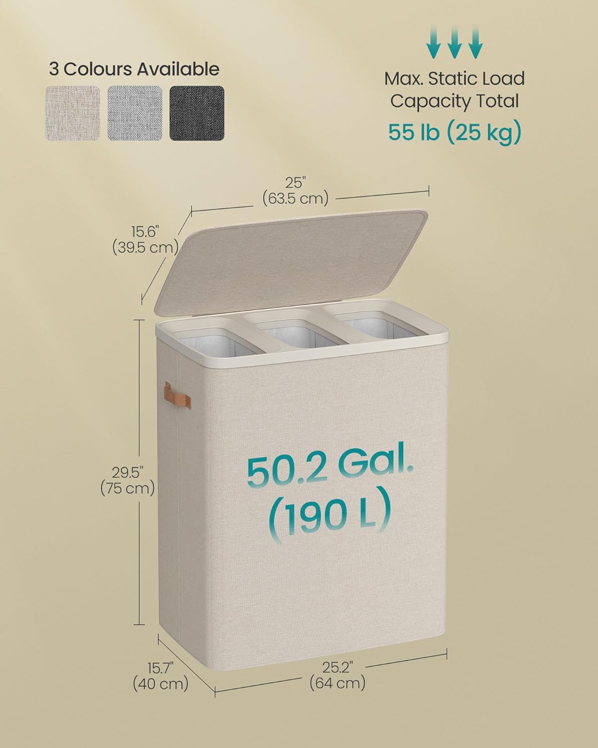 SONGMICS Cos rufe cu 3 compartimente si capac, saci detasabili cu maner, 190 litri, 64x40x75 cm, bej