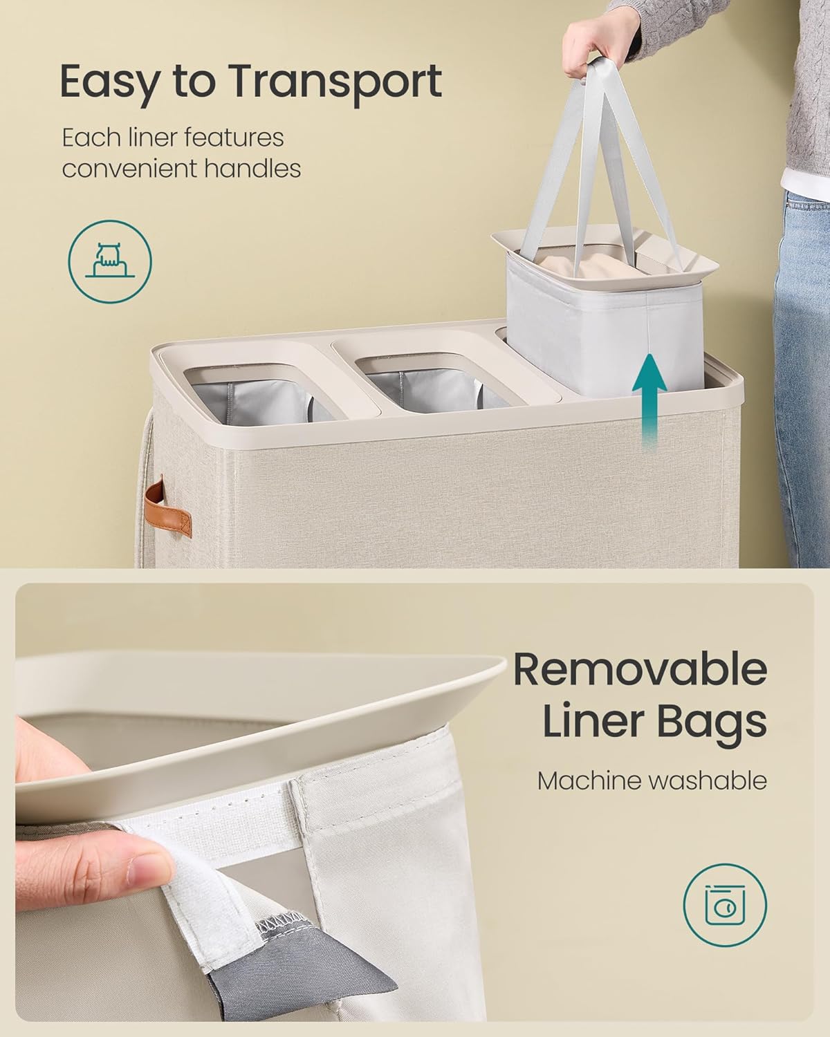SONGMICS Cos rufe cu 3 compartimente si capac, saci detasabili cu maner, 190 litri, 64x40x75 cm, bej