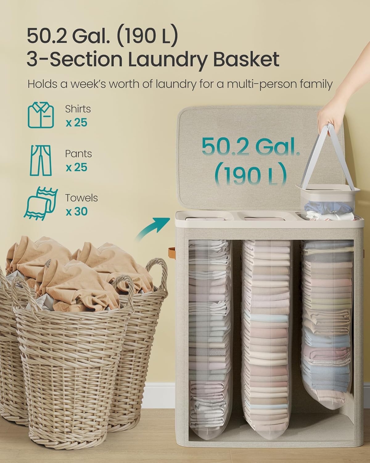 SONGMICS Cos rufe cu 3 compartimente si capac, saci detasabili cu maner, 190 litri, 64x40x75 cm, bej