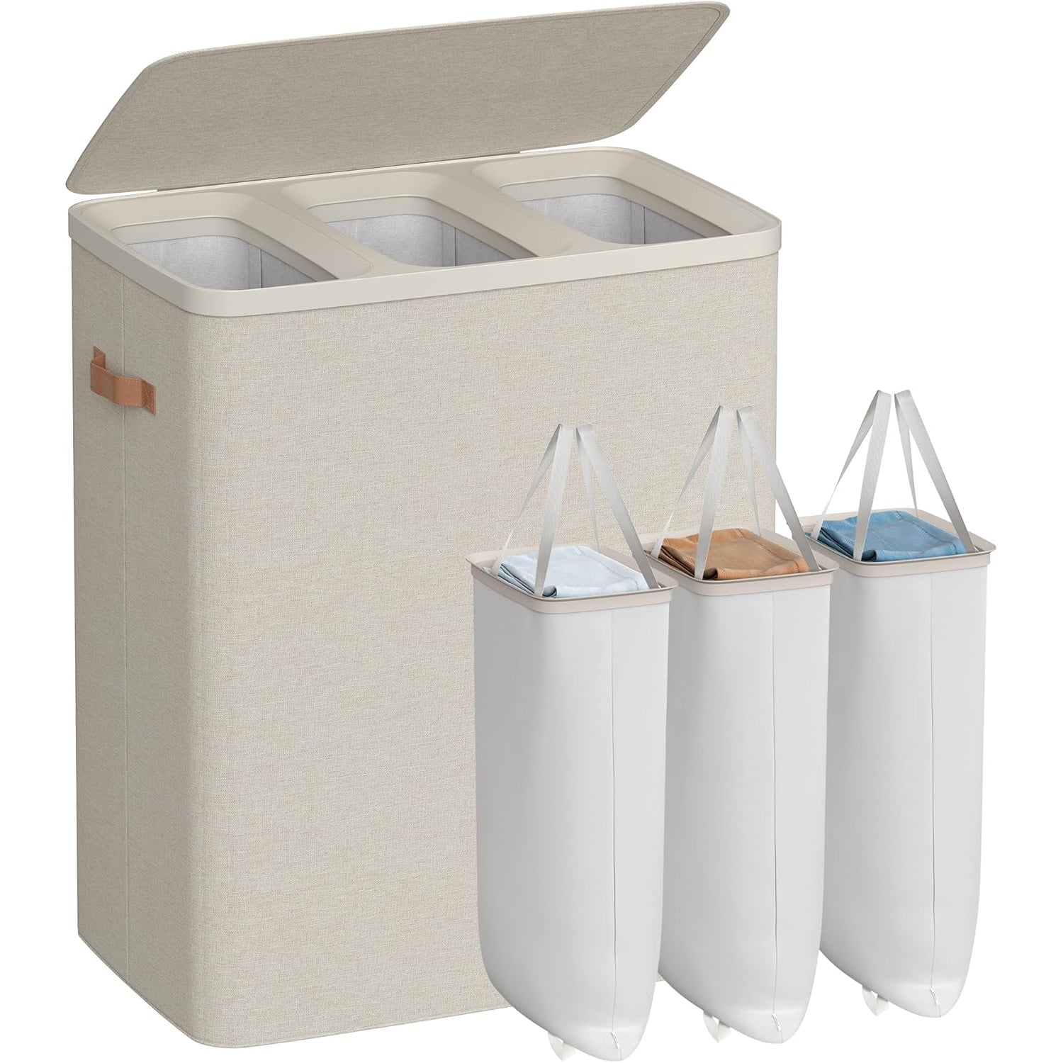 SONGMICS Cos rufe cu 3 compartimente si capac, saci detasabili cu maner, 190 litri, 64x40x75 cm, bej
