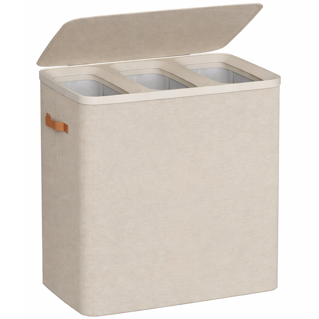 SONGMICS Cos rufe cu 3 compartimente si capac, saci detasabili cu maner, 190 litri, 64x40x75 cm, bej