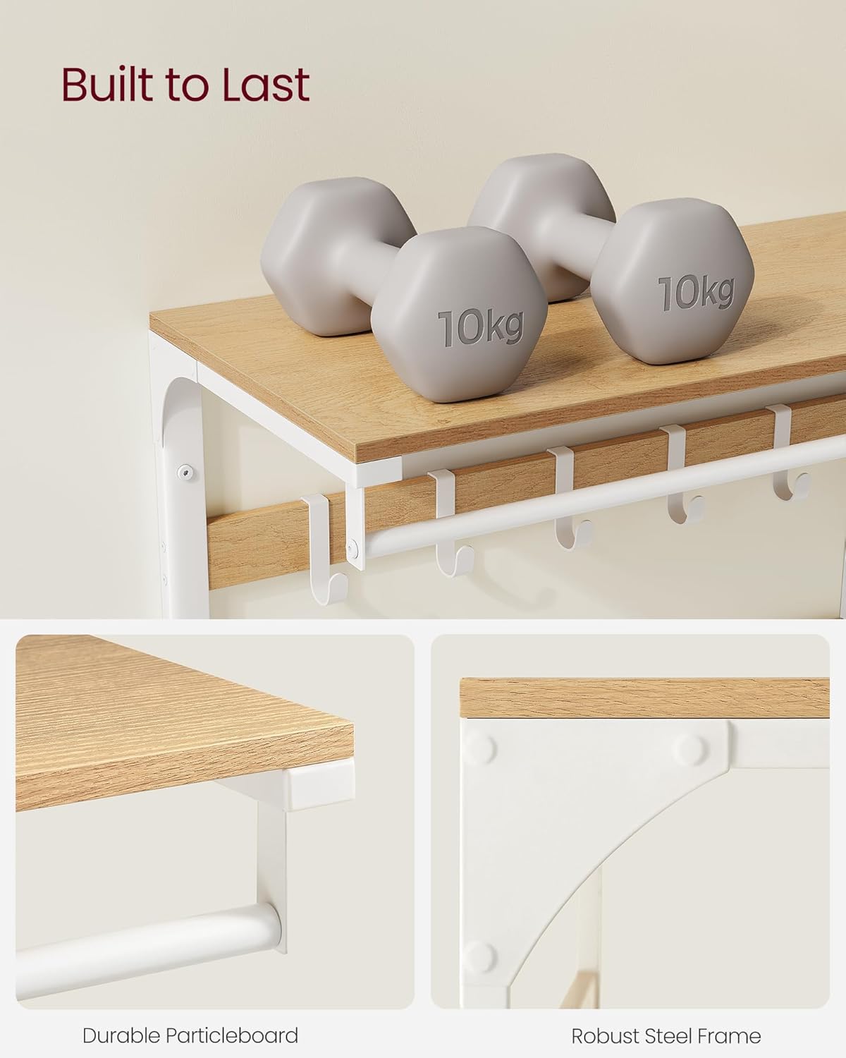 VASAGLE Raft de perete tip cuier, 10 carlige detasabile, sina pentru haine, 30x65x42cm, stejar si alb