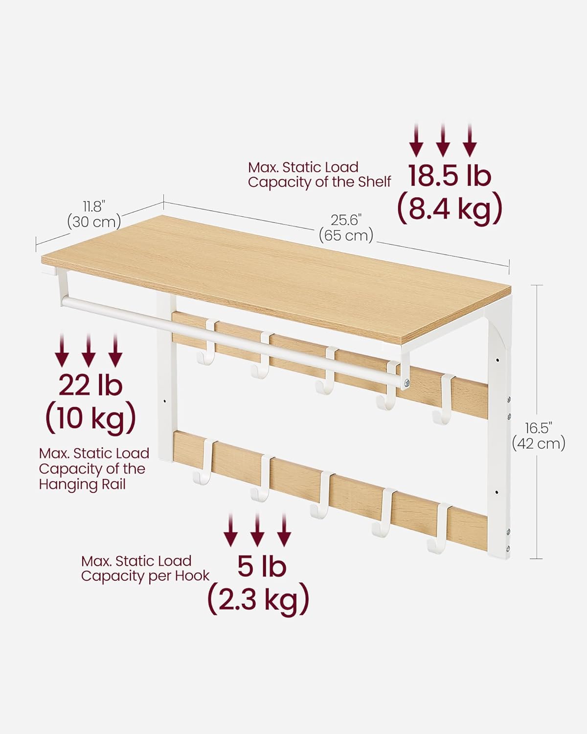 VASAGLE Raft de perete tip cuier, 10 carlige detasabile, sina pentru haine, 30x65x42cm, stejar si alb