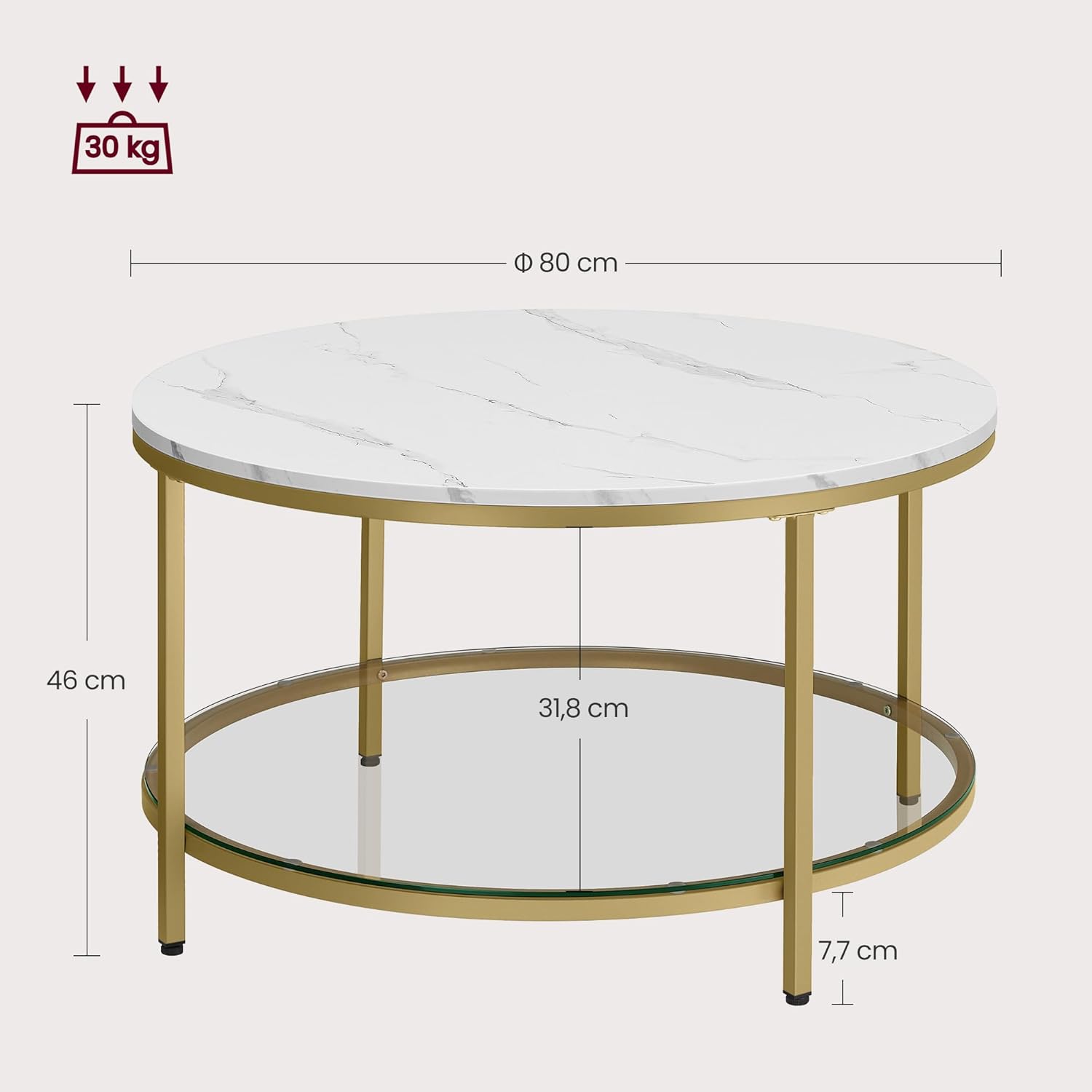 VASAGLE Masa de cafea rotunda cu blat din imitatie de marmura, polita suplimentara din sticla, 80x45cm, alb si auriu