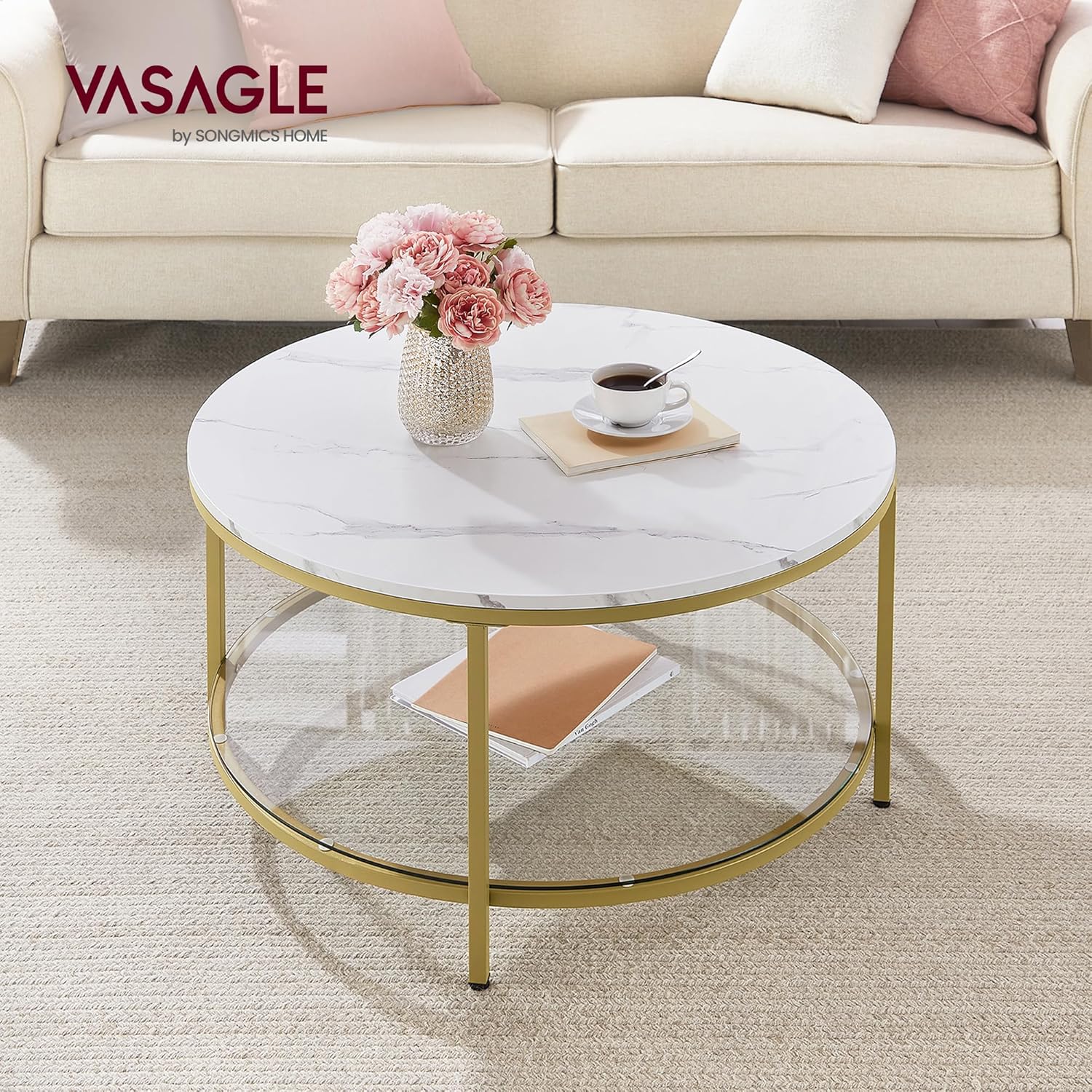 VASAGLE Masa de cafea rotunda cu blat din imitatie de marmura, polita suplimentara din sticla, 80x45cm, alb si auriu
