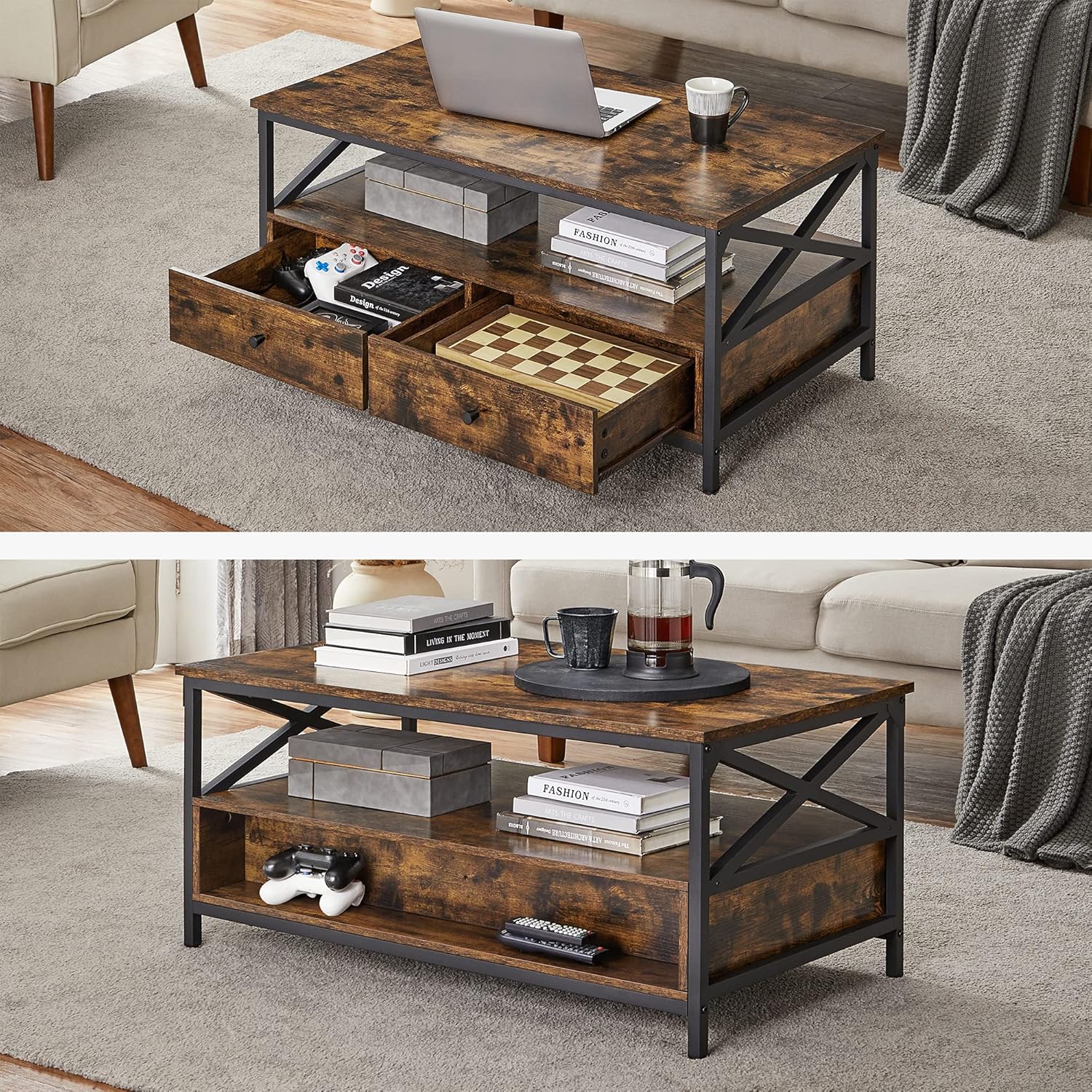 VASAGLE Masuta cafea cu 2 sertare si compartiment deschis, structura metalica, stil industrial, 100x55x45 cm, maro rustic