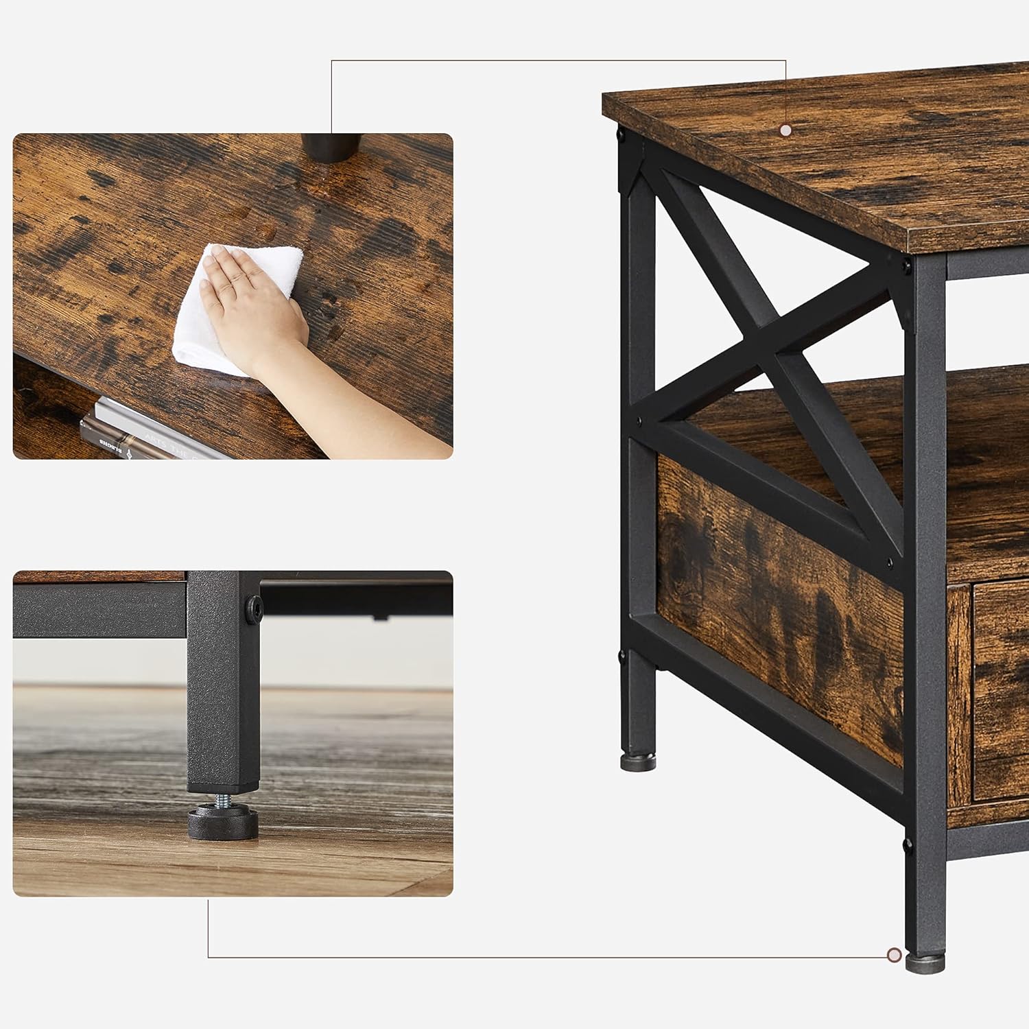 VASAGLE Masuta cafea cu 2 sertare si compartiment deschis, structura metalica, stil industrial, 100x55x45 cm, maro rustic