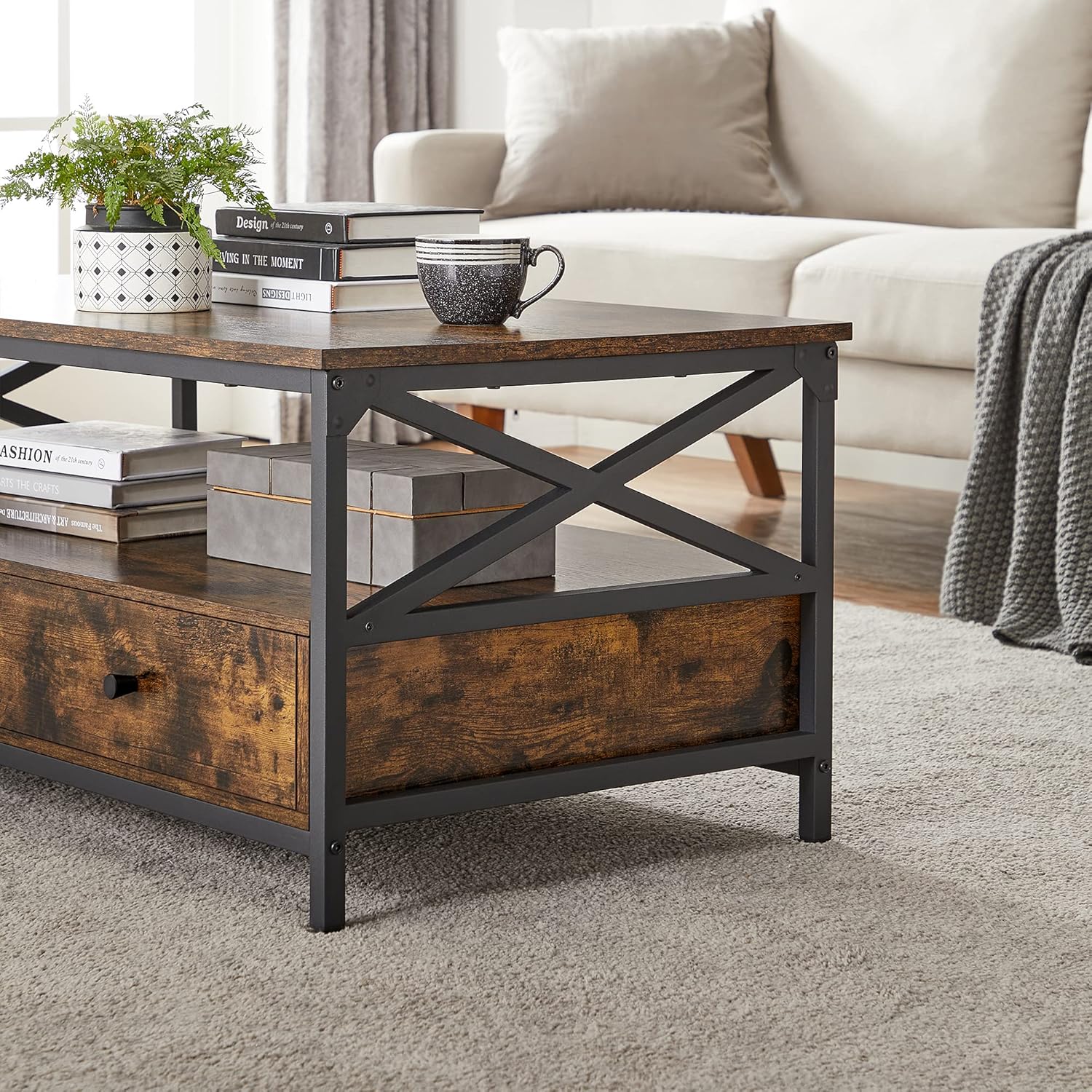VASAGLE Masuta cafea cu 2 sertare si compartiment deschis, structura metalica, stil industrial, 100x55x45 cm, maro rustic