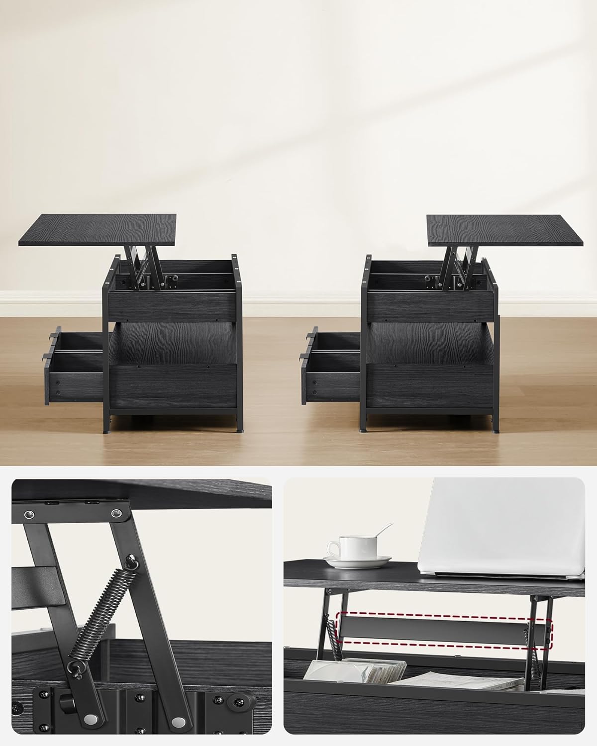 VASAGLE Masuta de cafea cu blat reglabil pe inaltime, cu sertare si spatii de depozitare, stil industrial, 100x50x63 cm, gri antracit