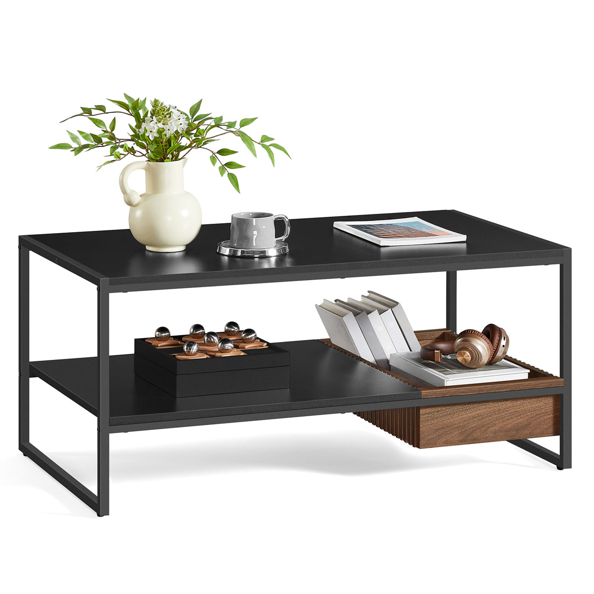 VASAGLE Masuta cafea cu sertar si raft inferior, structura otel, 100x55x45 cm, negru