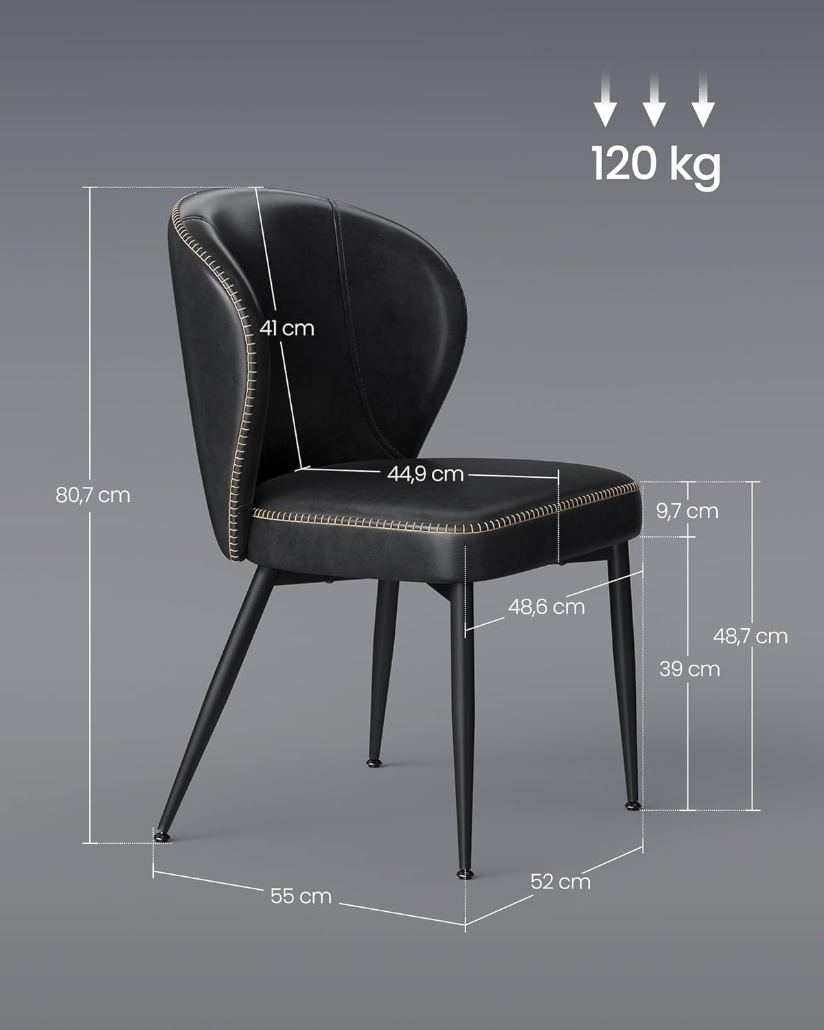 VASAGLE Set 2 scaune living EKHO, tapiterie piele ecologica cu cusaturi, 52x55x79 cm, negru