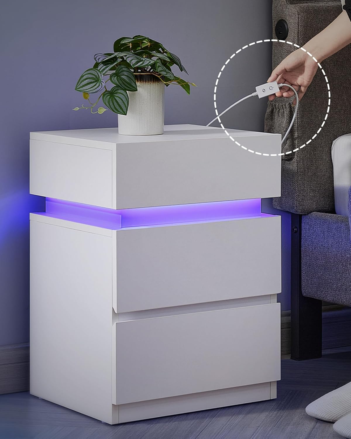 VASAGLE Set 2 noptiere din MDF cu iluminare LED, culori si intensitate reglabile, 35x40x55cm, alb