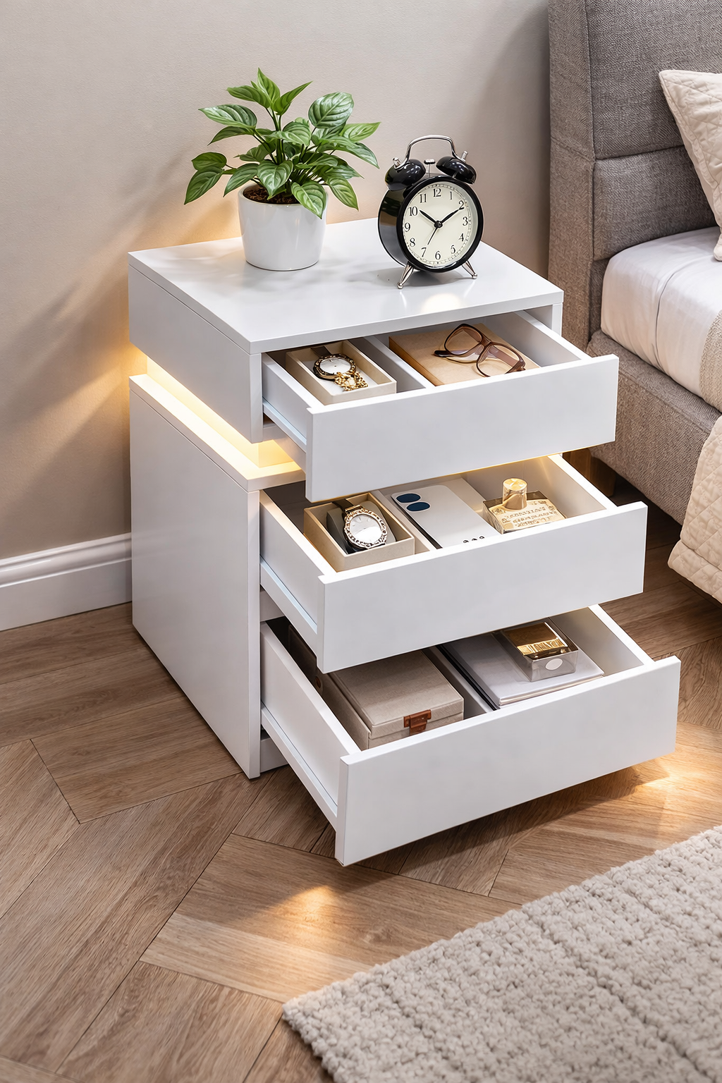 VASAGLE Set 2 noptiere din MDF cu iluminare LED, culori si intensitate reglabile, 35x40x55cm, alb