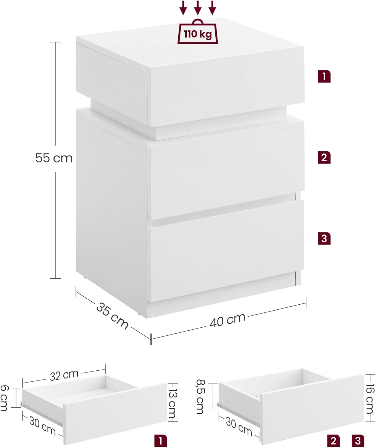 VASAGLE Set 2 noptiere din MDF cu iluminare LED, culori si intensitate reglabile, 35x40x55cm, alb
