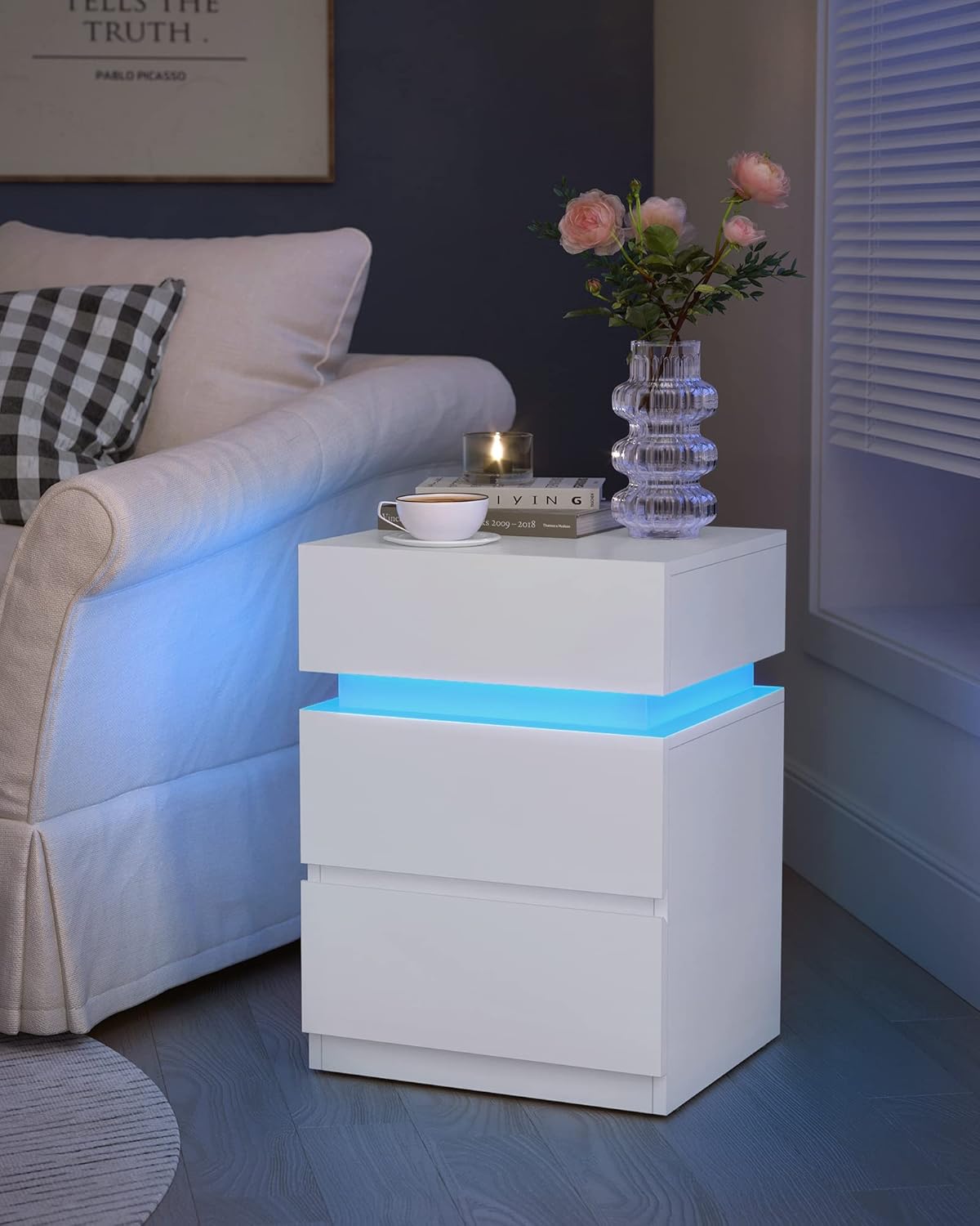 VASAGLE Set 2 noptiere din MDF cu iluminare LED, culori si intensitate reglabile, 35x40x55cm, alb