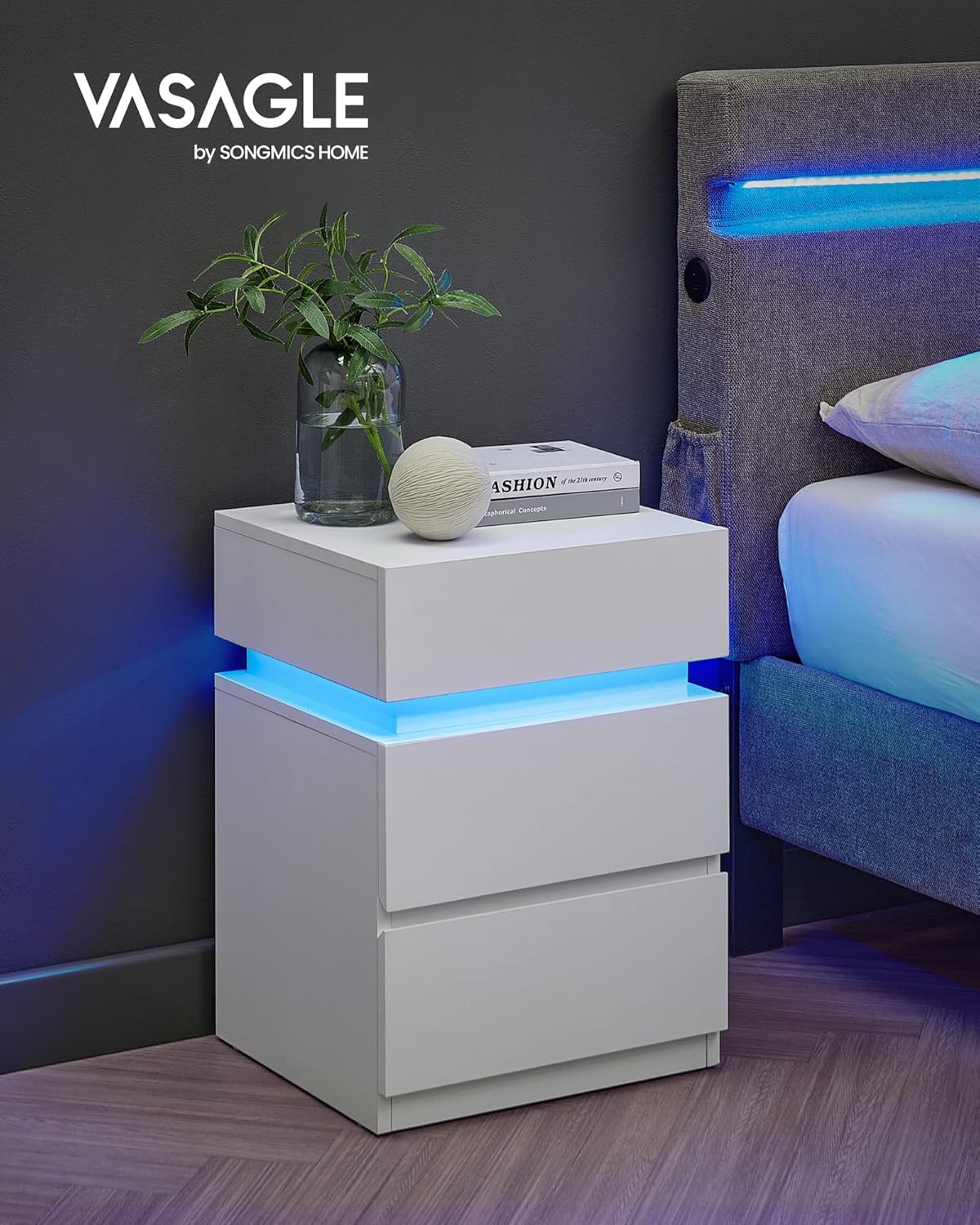 VASAGLE Set 2 noptiere din MDF cu iluminare LED, culori si intensitate reglabile, 35x40x55cm, alb