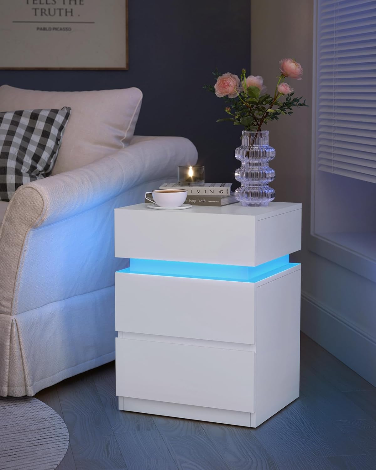 VASAGLE Set 2 noptiere din MDF cu iluminare LED, culori si intensitate reglabile, 35x40x55cm, alb