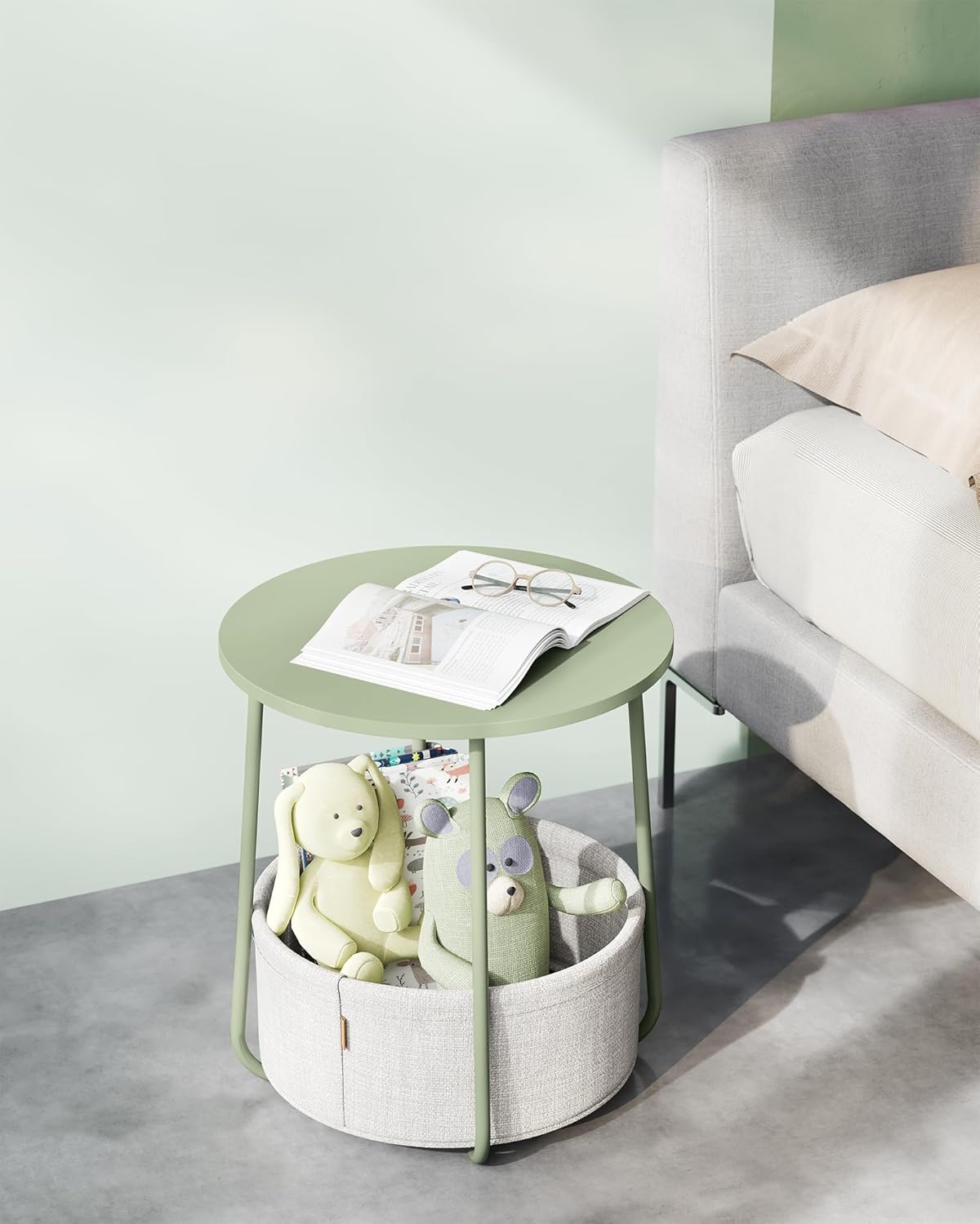 VASAGLE Masuta de cafea rotunda cu cos de stofa, stil modern, 45x50cm, verde cu crem