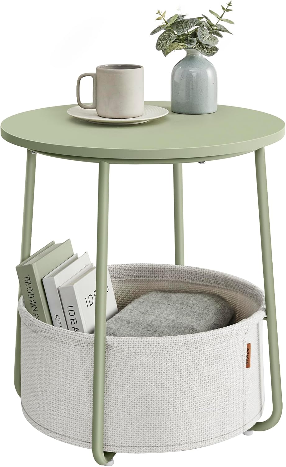 VASAGLE Masuta de cafea rotunda cu cos de stofa, stil modern, 45x50cm, verde cu crem