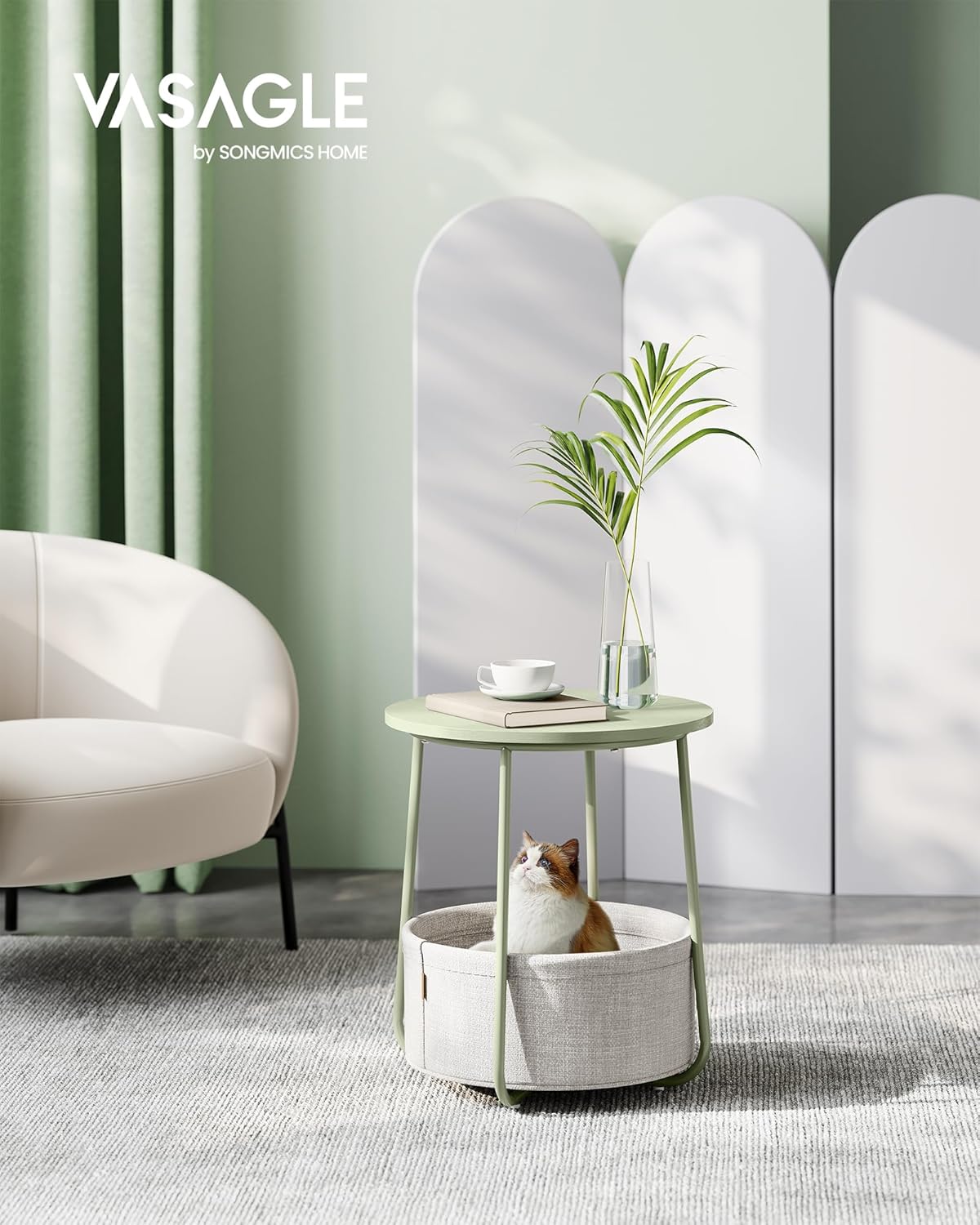 VASAGLE Masuta de cafea rotunda cu cos de stofa, stil modern, 45x50cm, verde cu crem
