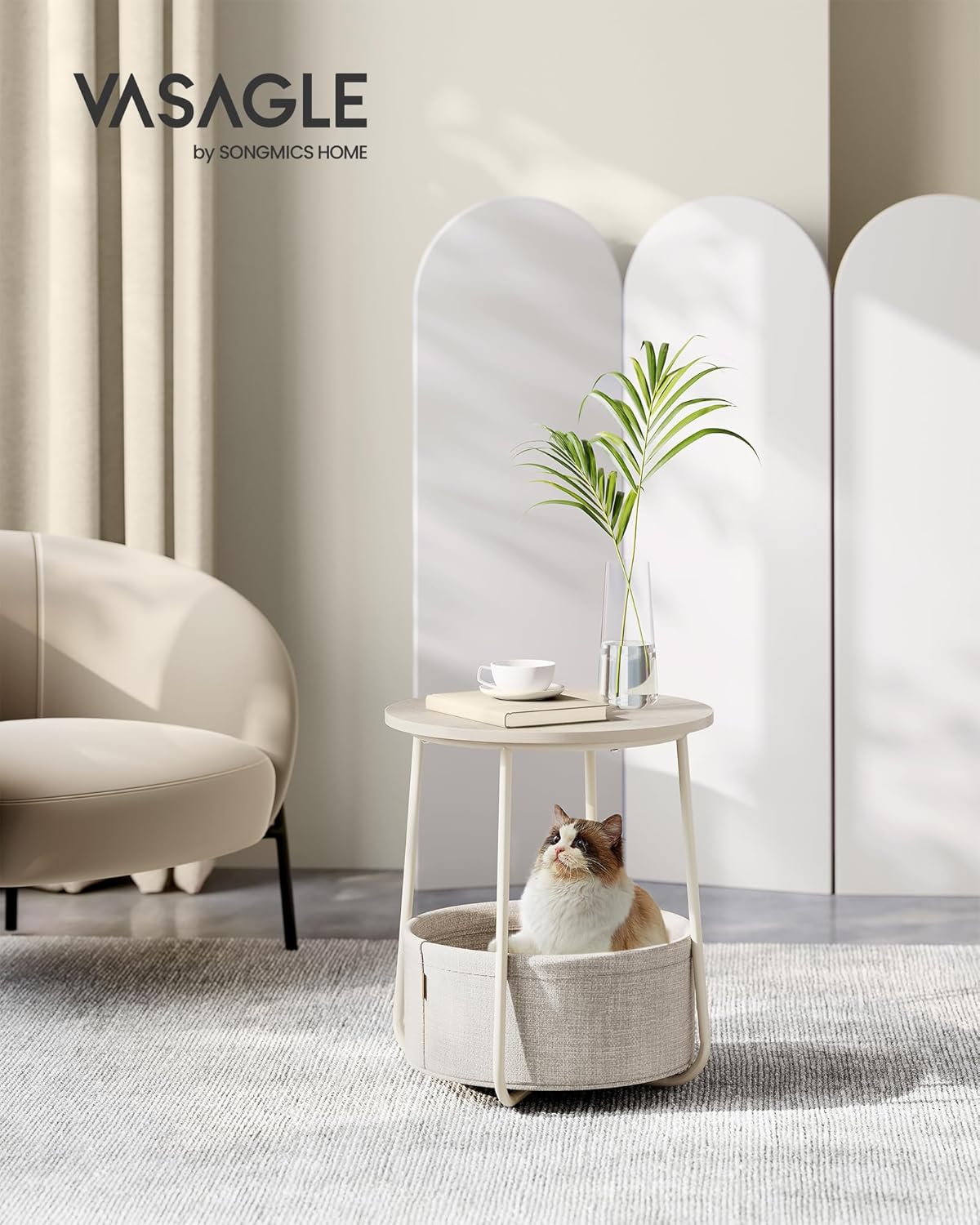 VASAGLE Masuta de cafea rotunda cu cos de stofa, stil modern, 45x50cm, bej