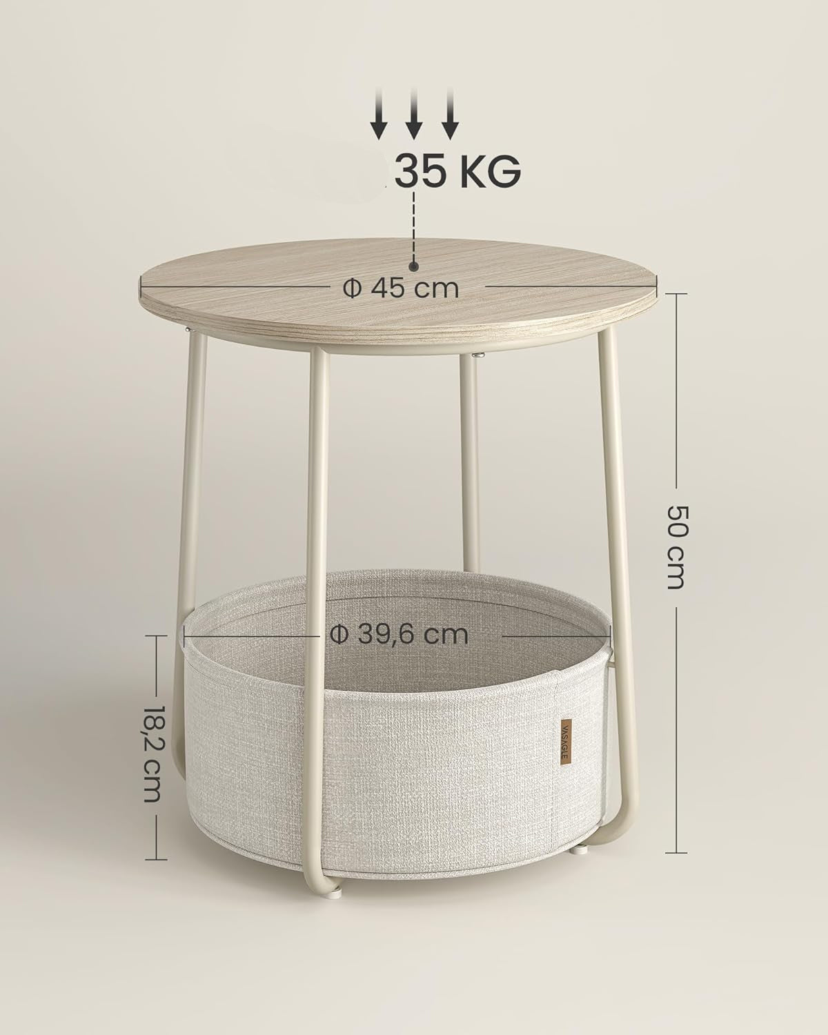 VASAGLE Masuta de cafea rotunda cu cos de stofa, stil modern, 45x50cm, bej