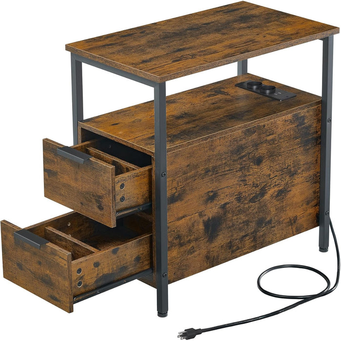 VASAGLE Noptiera 60x35x61 cm, cu 2 sertare, rafturi si priza incorporata, PAL si otel, maro rustic - BazarOltenia