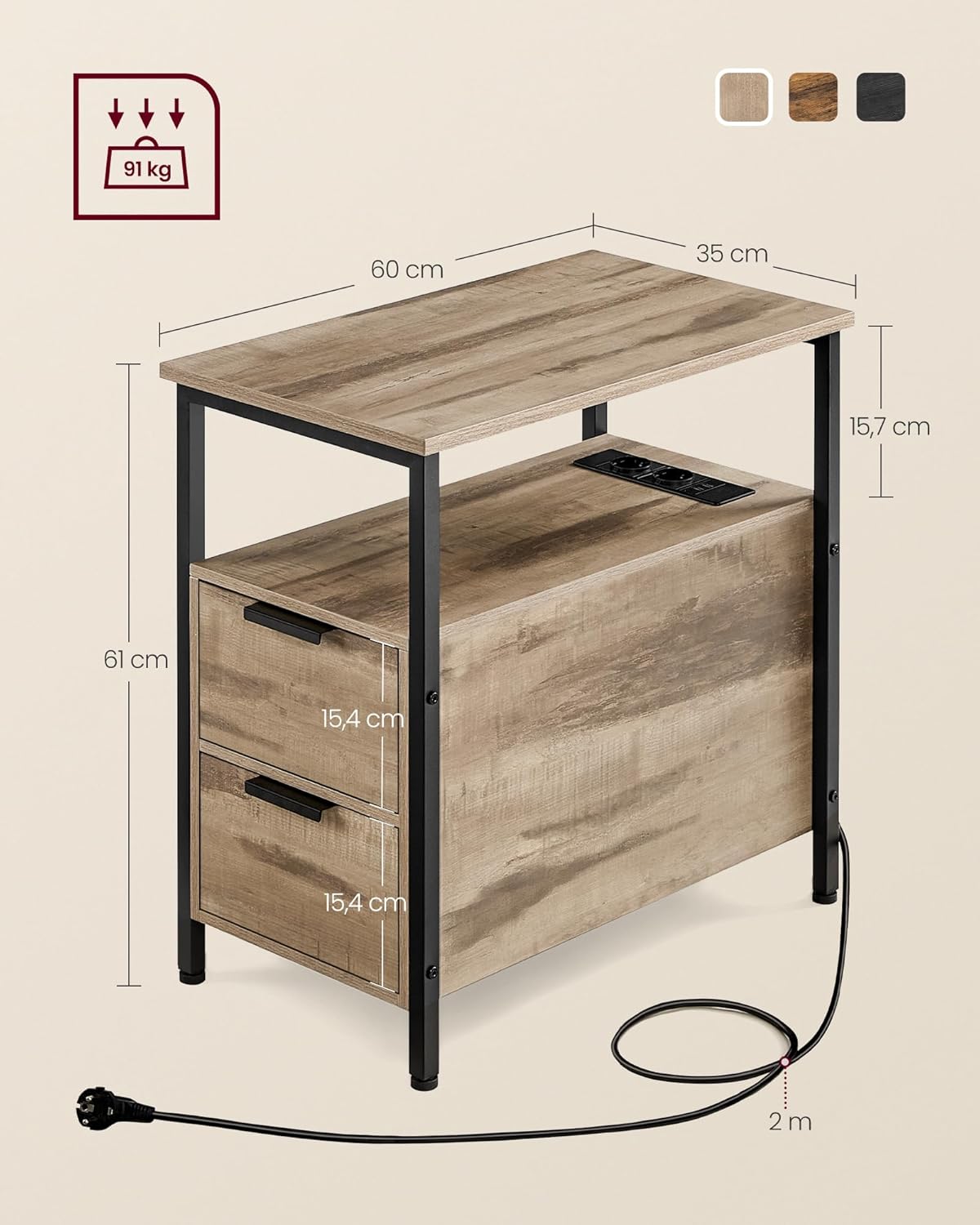 VASAGLE Noptiera 60x35x61 cm, cu 2 sertare, rafturi si priza incorporata, PAL si otel, maro