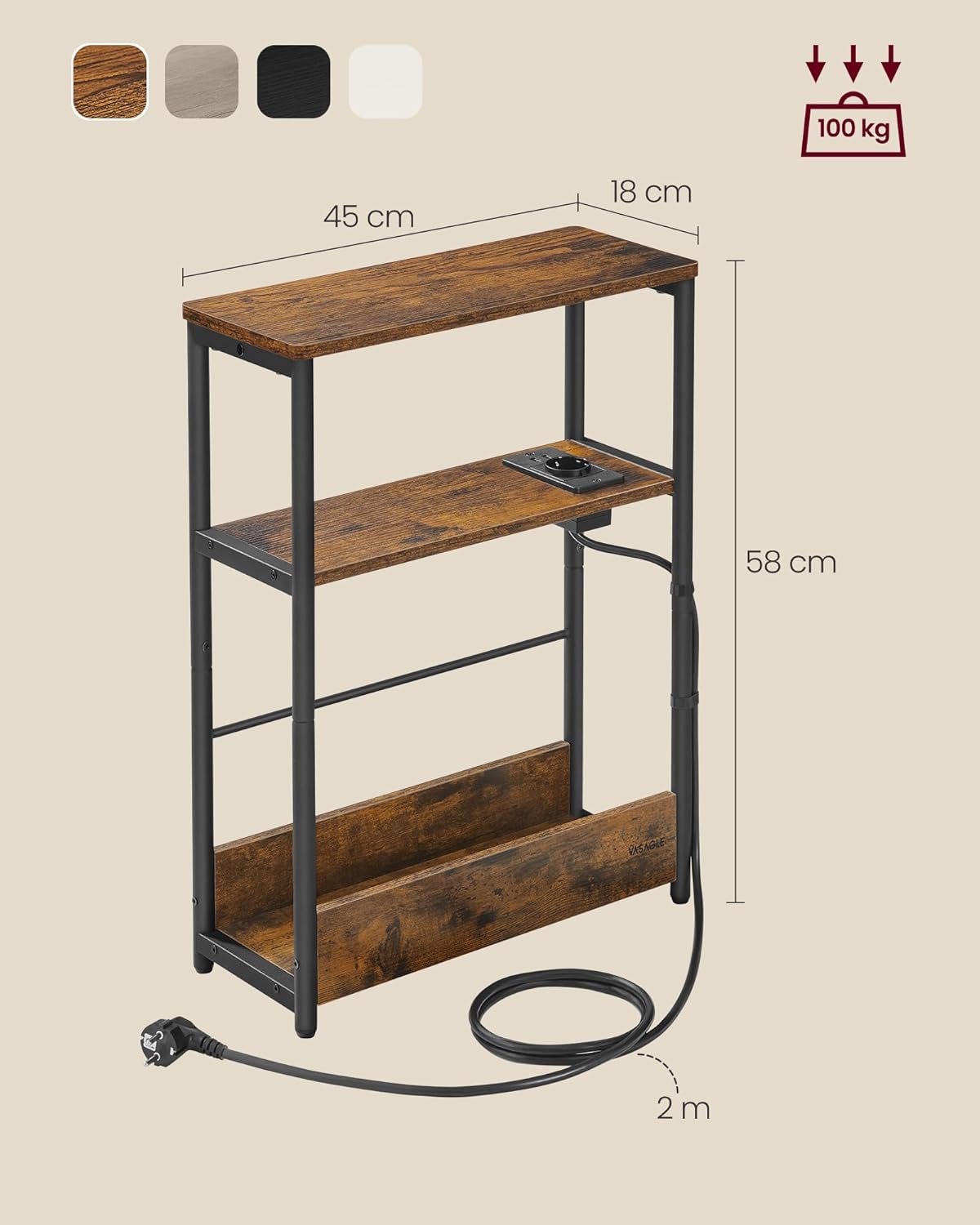 VASAGLE Masuta ingusta cu priza si porturi de incarcare USB, 3 rafturi, 45x18x58 cm, maro rustic