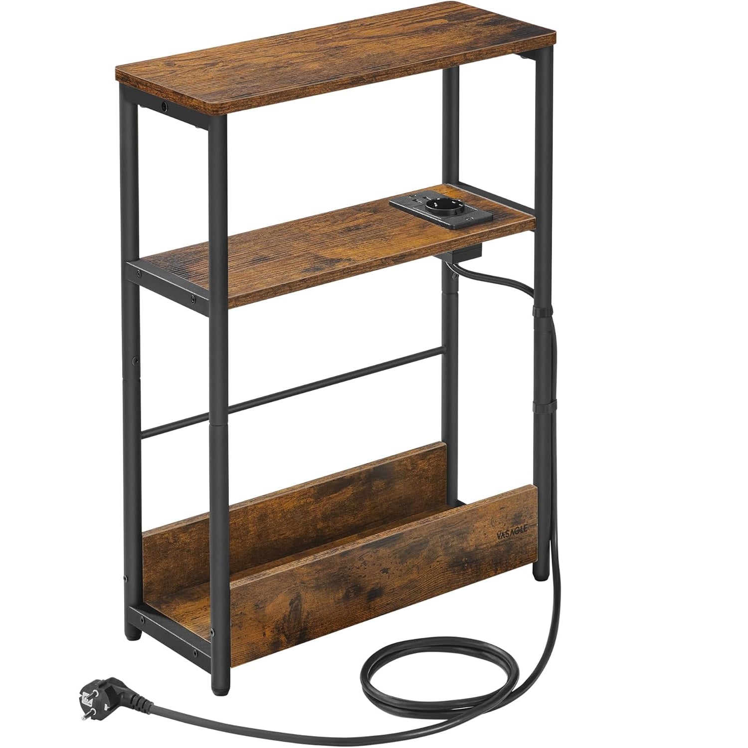 VASAGLE Masuta ingusta cu priza si porturi de incarcare USB, 3 rafturi, 45x18x58 cm, maro rustic