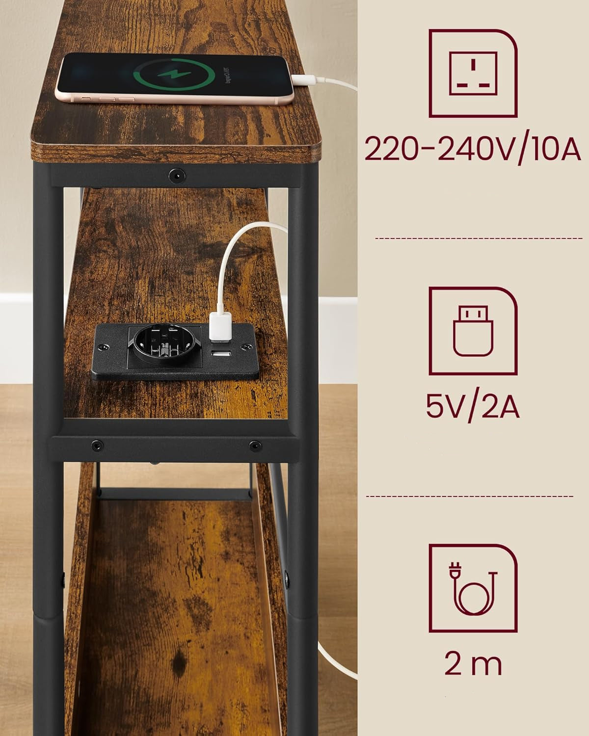 VASAGLE Masuta ingusta cu priza si porturi de incarcare USB, 3 rafturi, 45x18x58 cm, maro rustic
