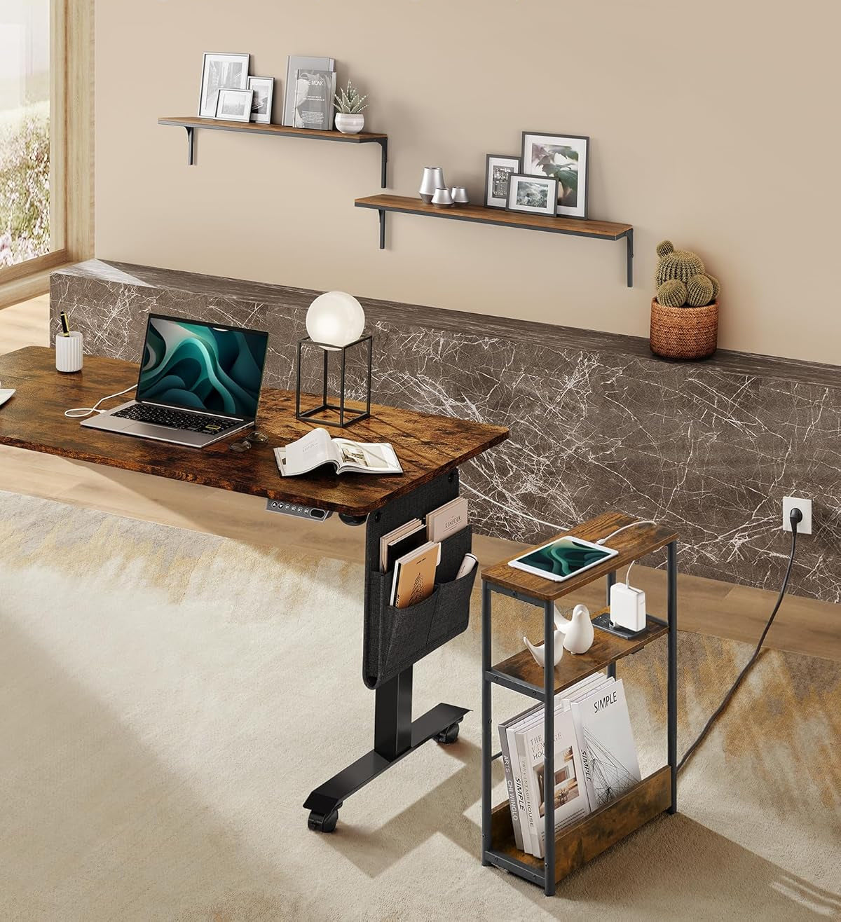 VASAGLE Masuta ingusta cu priza si porturi de incarcare USB, 3 rafturi, 45x18x58 cm, maro rustic