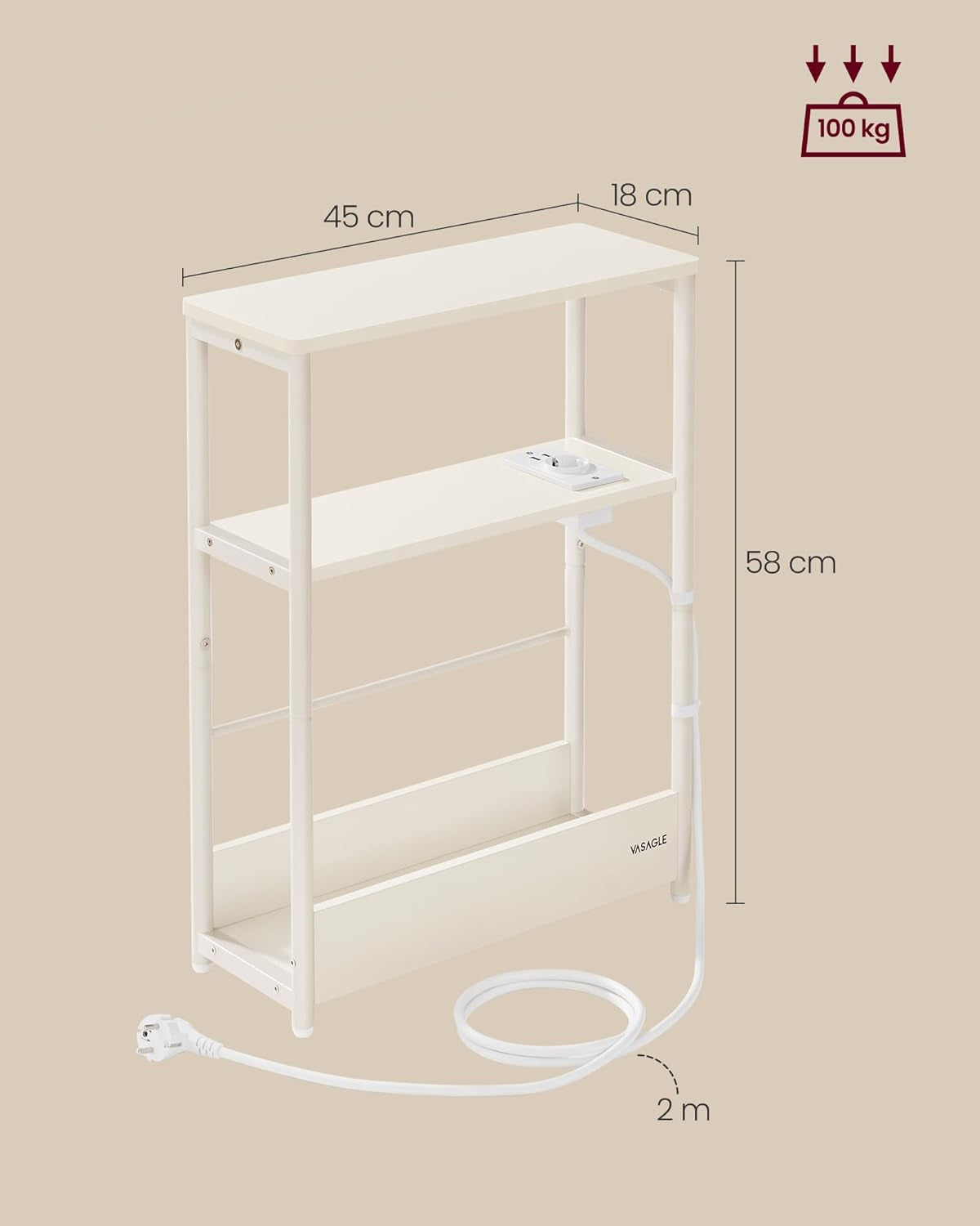 VASAGLE Masuta ingusta cu priza si porturi de incarcare USB, 3 rafturi, 45x18x58 cm, alb crem