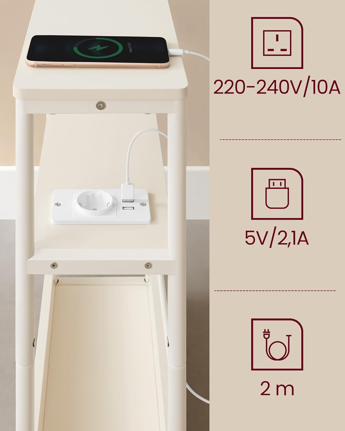 VASAGLE Masuta ingusta cu priza si porturi de incarcare USB, 3 rafturi, 45x18x58 cm, alb crem