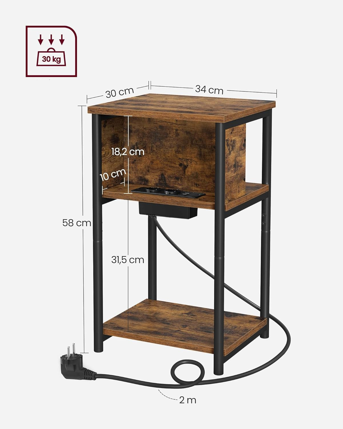 VASAGLE Noptiera cu prize si USB, 3 rafturi, stil industrial, 30x34x58 cm, maro rustic
