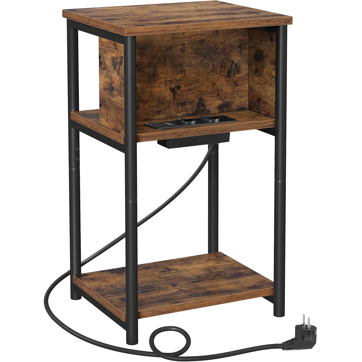VASAGLE Noptiera cu prize si USB, 3 rafturi, stil industrial, 30x34x58 cm, maro rustic