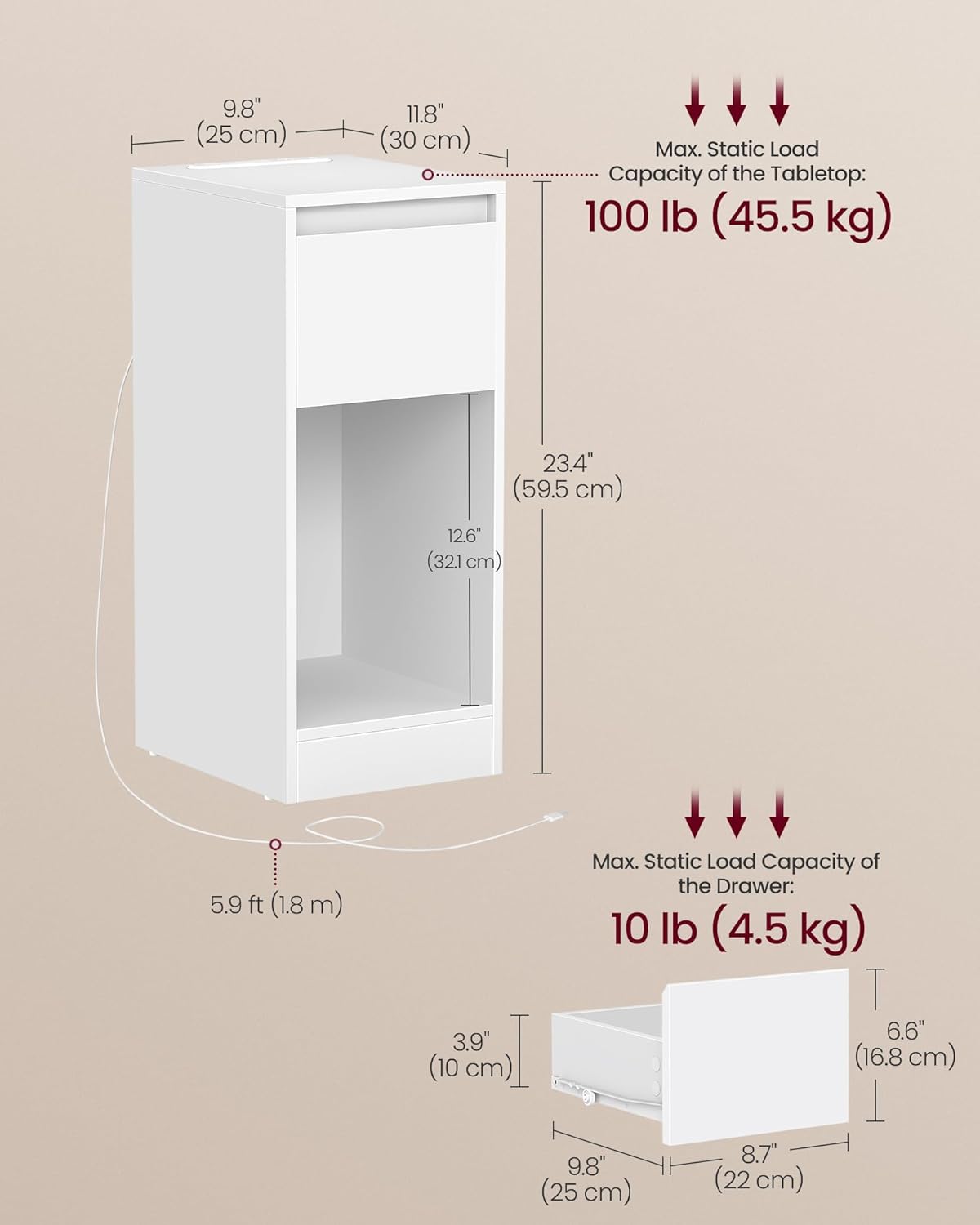 VASAGLE Noptiera slim cu LED si statie de incarcare cu 2 prize USB, MDF, 30x25x60 cm, alb