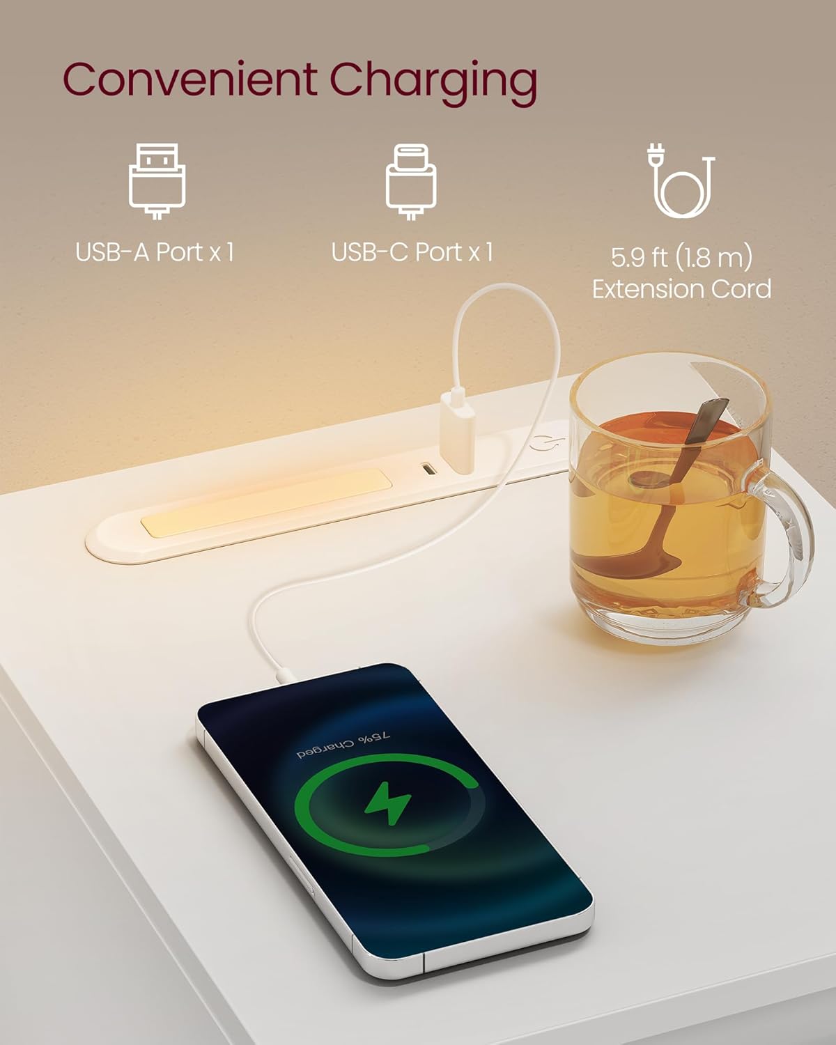 VASAGLE Noptiera slim cu LED si statie de incarcare cu 2 prize USB, MDF, 30x25x60 cm, alb