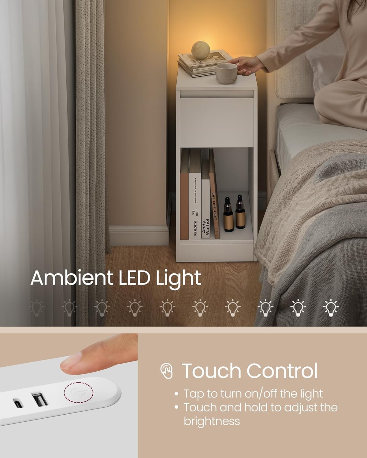 VASAGLE Noptiera slim cu LED si statie de incarcare cu 2 prize USB, MDF, 30x25x60 cm, alb