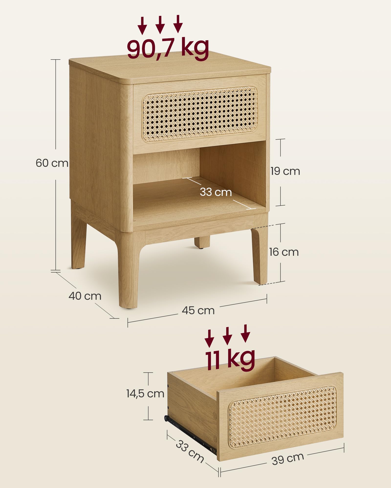 VASAGLE Noptiera 45x40x60 cm, cu sertar aspect ratan si raft, stil boho, PAL si MDF, natur