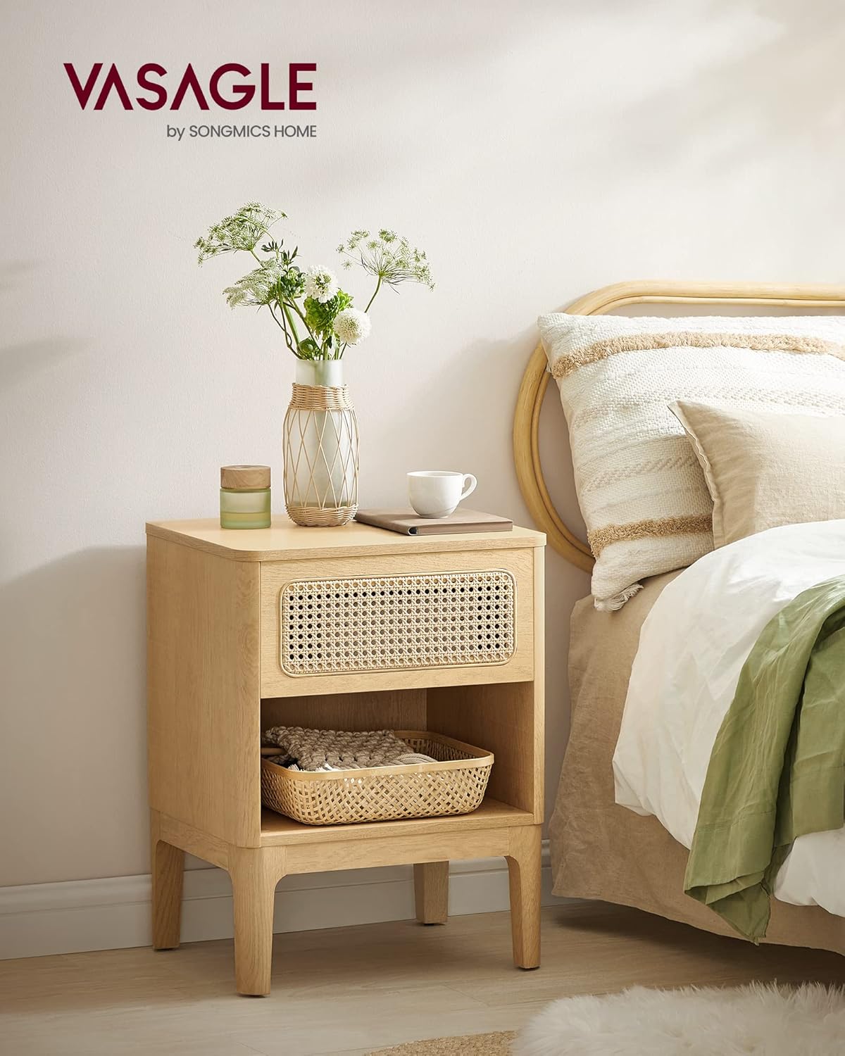 VASAGLE Noptiera 45x40x60 cm, cu sertar aspect ratan si raft, stil boho, PAL si MDF, natur