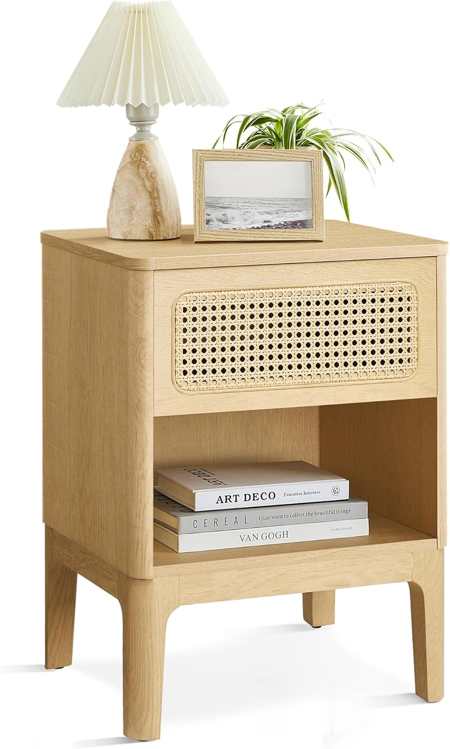 VASAGLE Noptiera 45x40x60 cm, cu sertar aspect ratan si raft, stil boho, PAL si MDF, natur